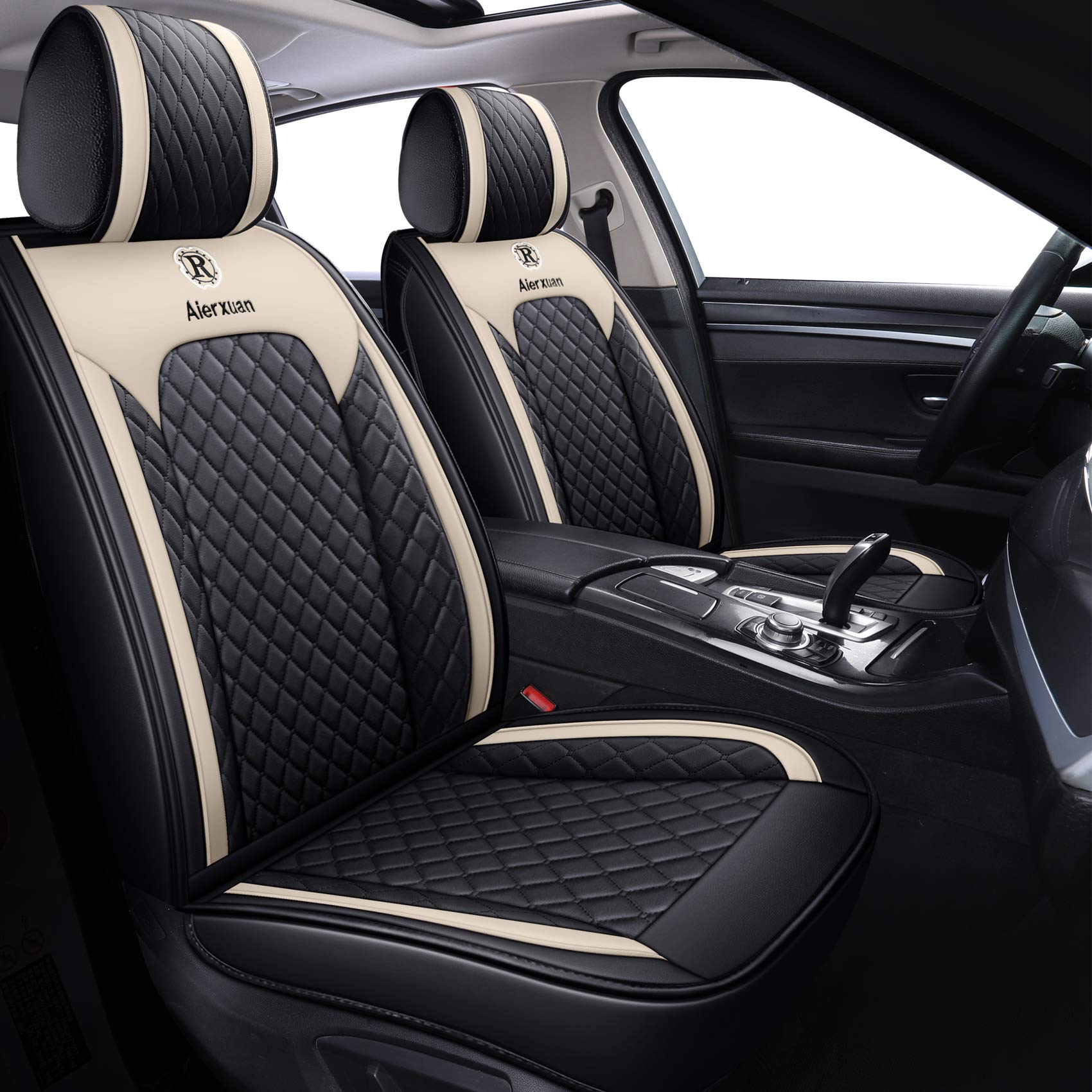 Aierxuan Leather Waterproof Front Seat Covers for Cars, Universal Fit, 2 PCS, Black-Beige, Model as-4