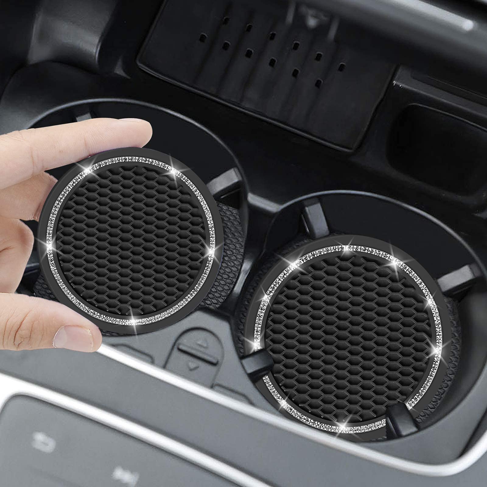 Car Coasters, 4 Pack Universal Vehicle Bling Car Coaster, Cocases Crystal Rhinestone Coaster For Cup Holders, Car Interior Accessories 2.75'' Silicone Anti Slip Car Coasters For Women ( Black )