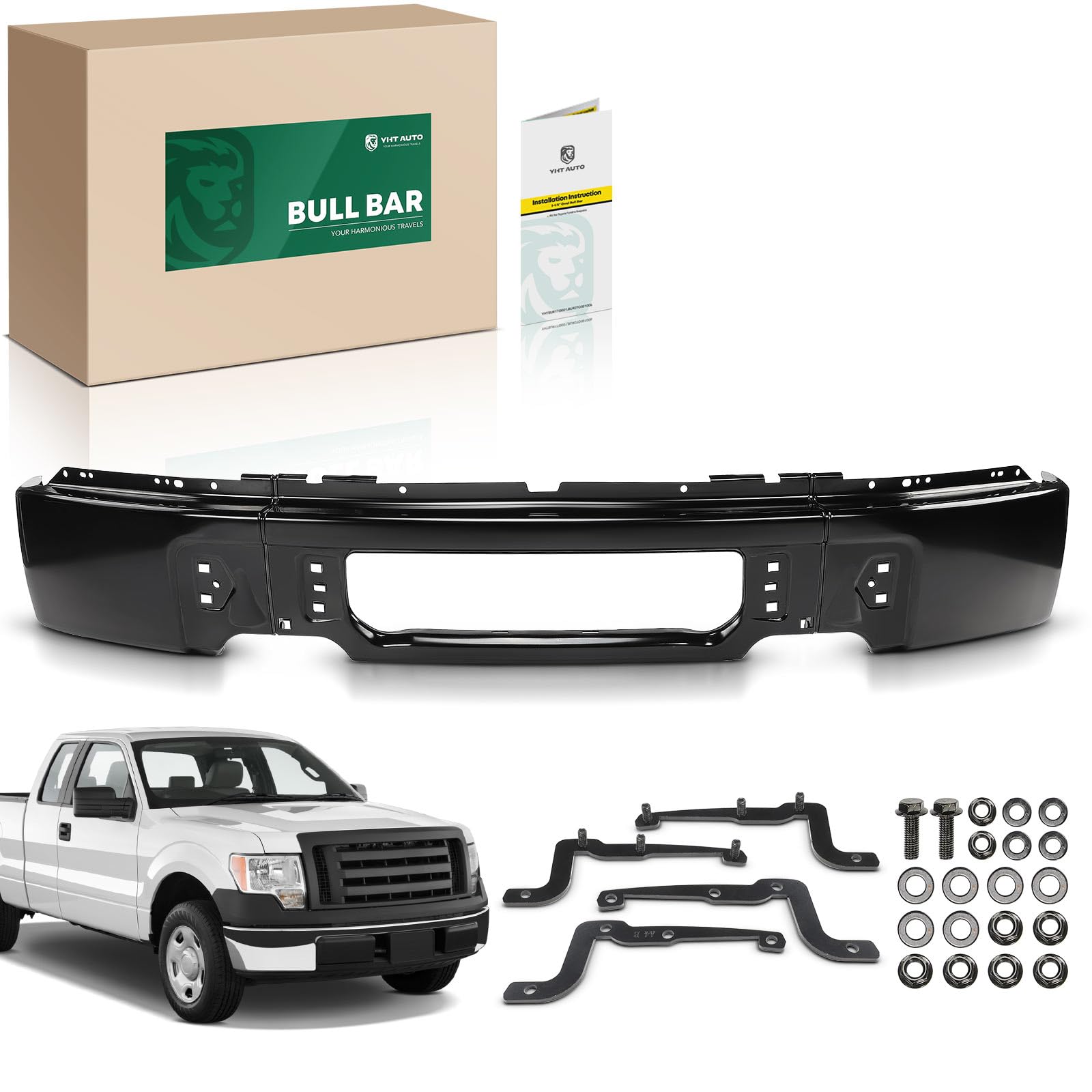 YHTAUTO Front Bumper Face Bar Compatible with Ford F-150 2009 2010 2011 2012 2013 2014, without Fog Light Holes, Steel Black Bum