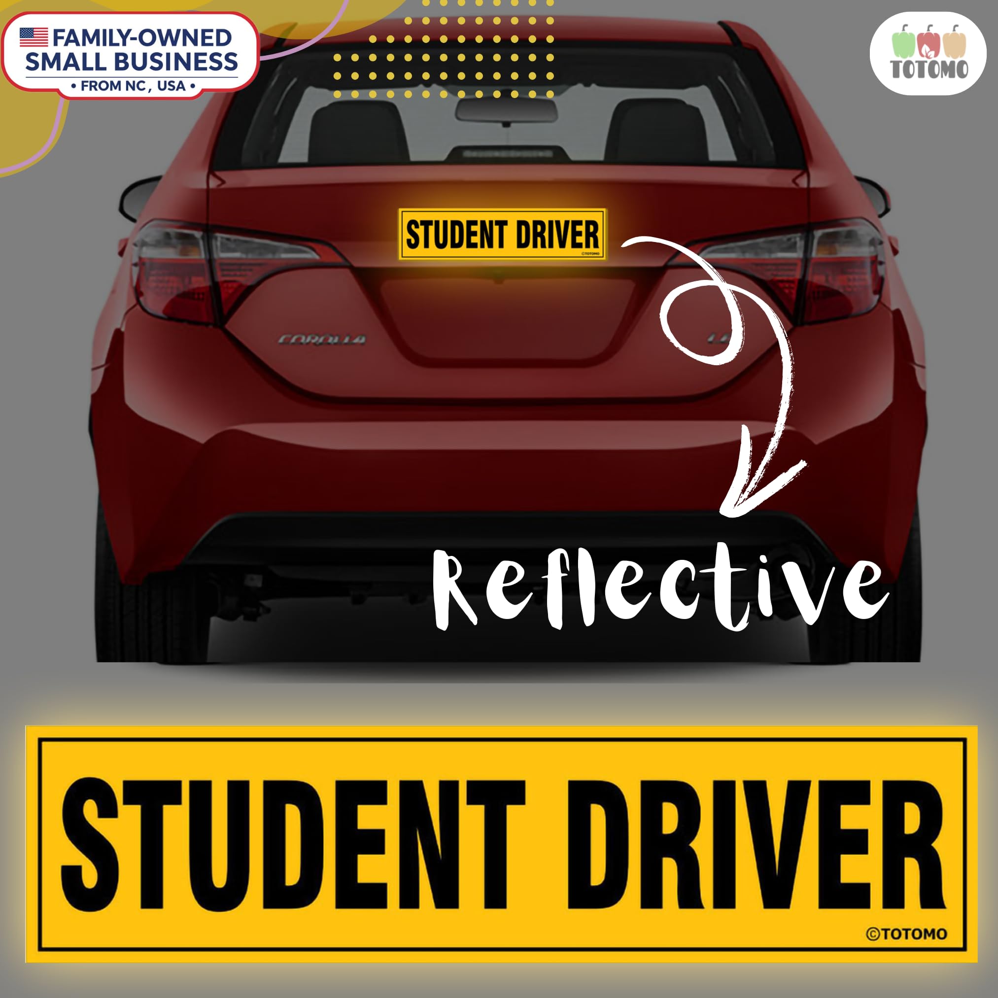TOTOMO Student Driver Magnet for Car - Large 12''x3'' Magnetic Reflective Vehicle Safety Sign for New Rookie Learner Drivers Rem
