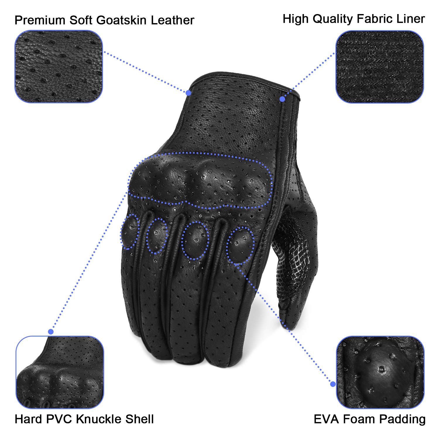 Updated Goatskin Leather Motorcycle Gloves Men Touchscreen Anti-Slip Motorbike Riding Gloves For Men (Updated,Perforated, L)