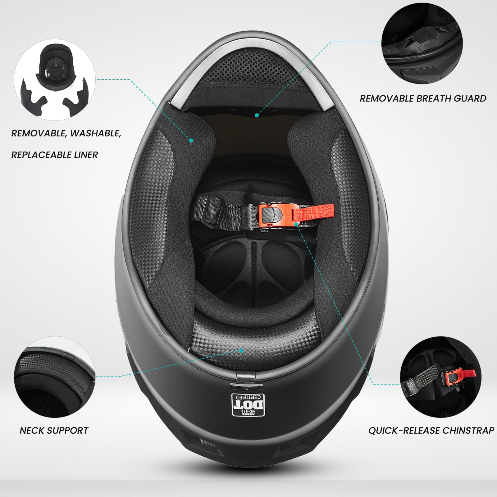 Auboa Full Face Motorcycle Helmet DOT Approved for Men & Women, XL, Matte Black, Model MD-813, ABS Material, Tinted Visor