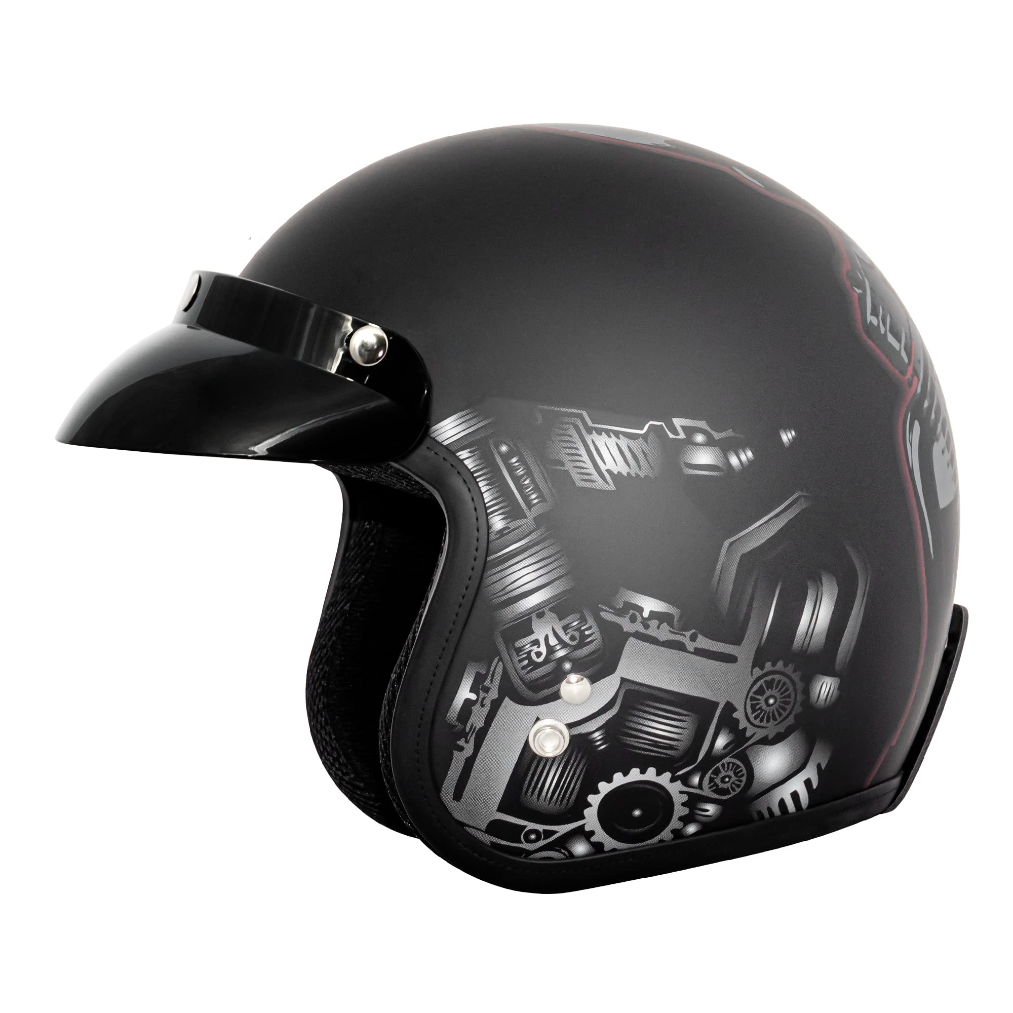 VCAN V85C 3/4 Open Face Motorcycle Helmet DOT Approved (Matte Black Red Skull, Small)