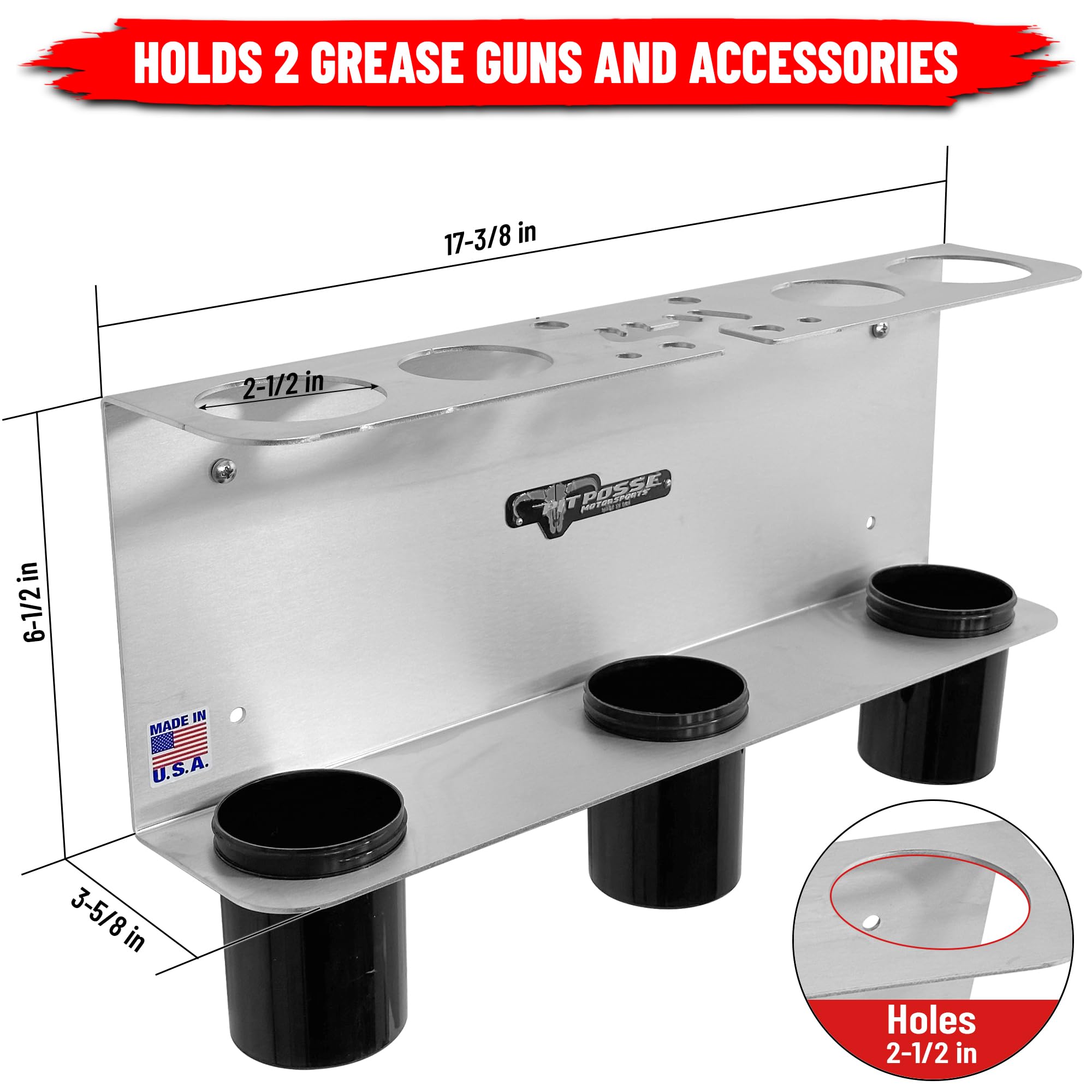 Pit Posse Pp3363 Hand Grease Gun Tube Holder Rack - Made In Usa - Holds 2 Grease Guns- Garage Organizer Aluminum Storage Caddy W