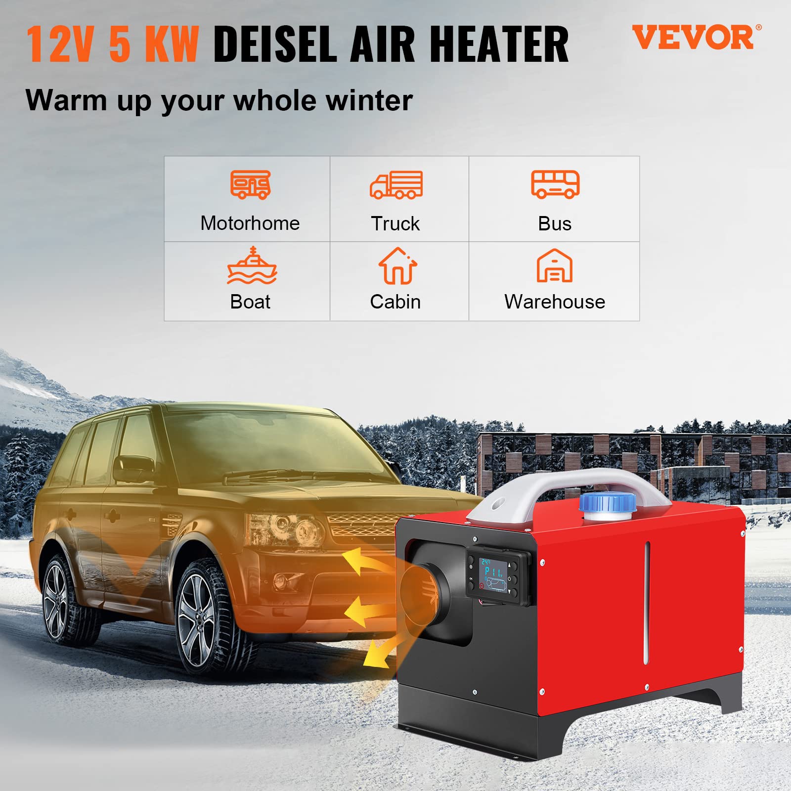 Vevor Diesel Air Heater, 5Kw 12V Parking Heater, Mini Truck Heater, Single Outlet Hole, With Black Lcd, Remote Control, Fast Hea