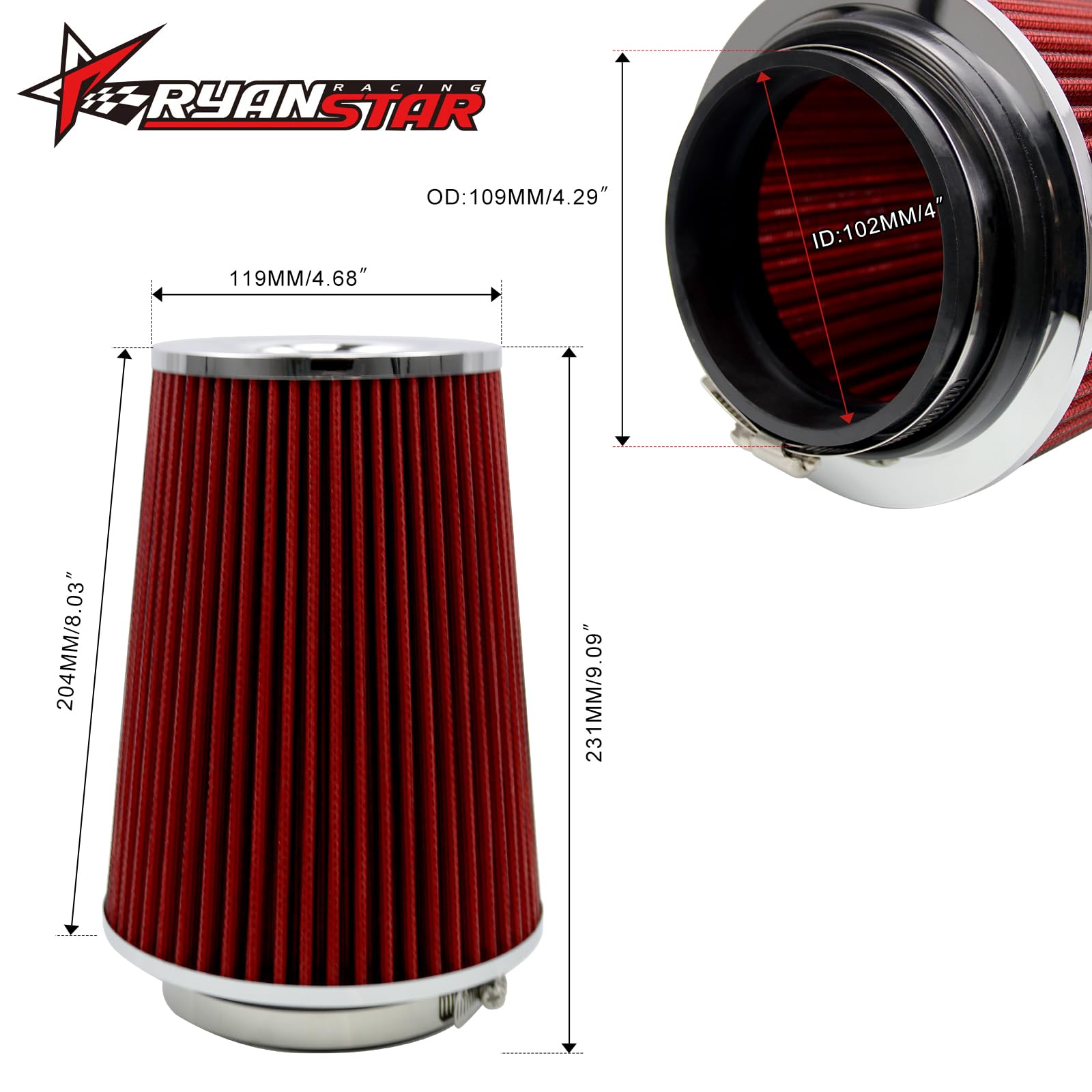 Ryanstar Racing 102Mm 4' High Flow Round Tapered Cone Cool Air Filter Cleaner With Top Filter Design Short 231Mm Tall