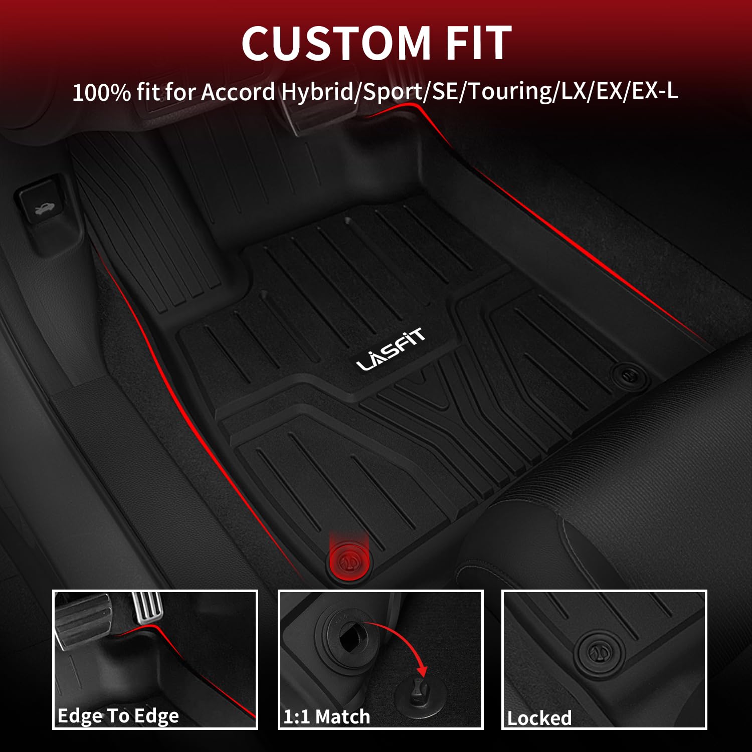 Lasfit Floor Mats For Honda Accord Sedan 2018 2019 2020 2021 2022 (Include Hybrid Models), All Weather Tpe Custom Fit Floor Line