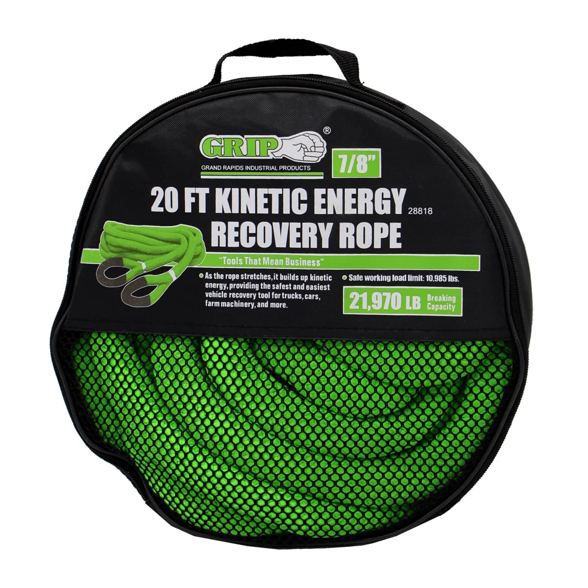 GRIP Kinetic Energy Recovery Rope 20 ft x 7/8 in - 21,970 lbs Break Capacity - Black - Model 28818 - Includes Mesh Storage Bag