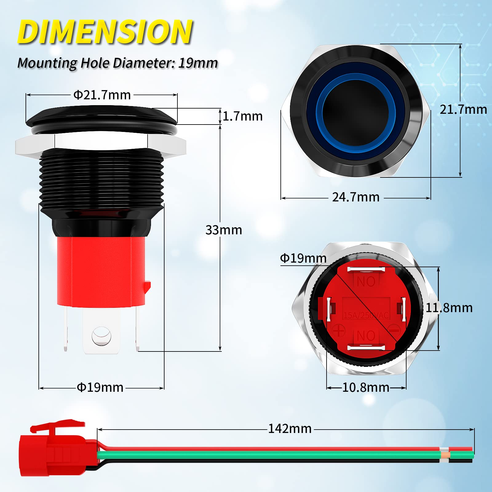 Joinfworld 20A 12V Push Button Switch Latching 19MM Pushbutton Switch with 12 Volt Blue Led Waterproof ON Off Switch 20 Amp Heav