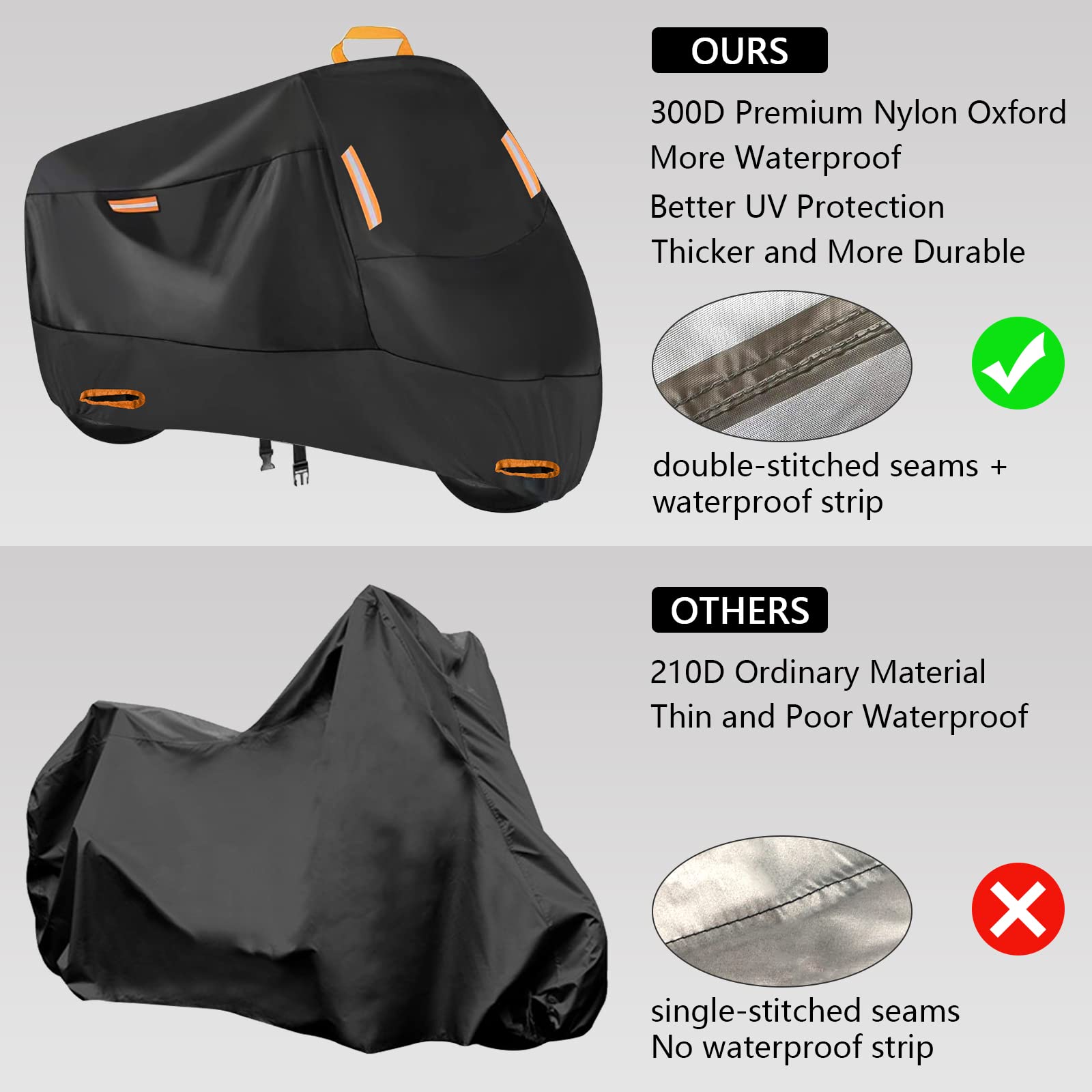 300D Heavy Duty Motorcycle Cover, Seceles All Season Durable Waterproof Outdoor Protection Scooter Cover With 4 Reflective Strips Lock-Hole Storage Bag Fits Up To 104" Yamaha Honda Harley Suzuki(Xxxl)