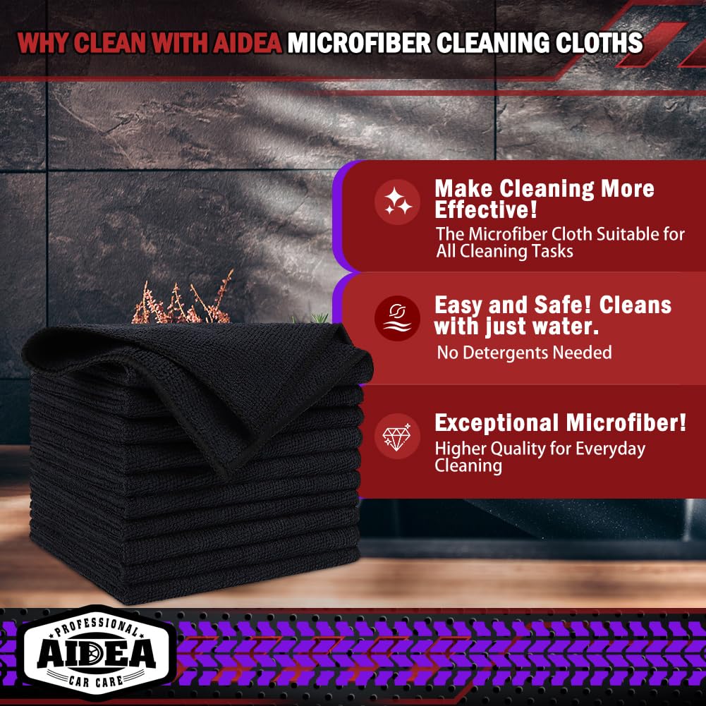 Aidea Microfiber Cleaning Cloth Black 20Pk, Microfiber Towels For Cars, Premium Car Cloth, Dusting Cloth Lint Free Cleaning Rags