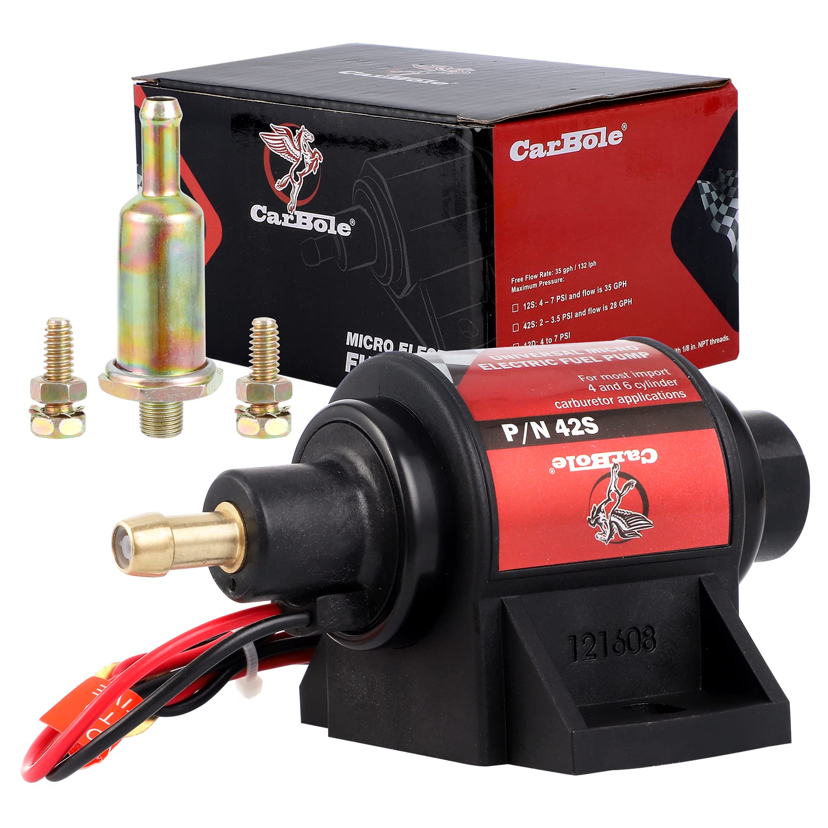 CarBole Gasoline Pump Electric Fuel Pump Universal 5/16 Inch Inlet and Outlet Inline 12V 1-2A 28GPH 2-3.5P.S.I. Operating Fuel P