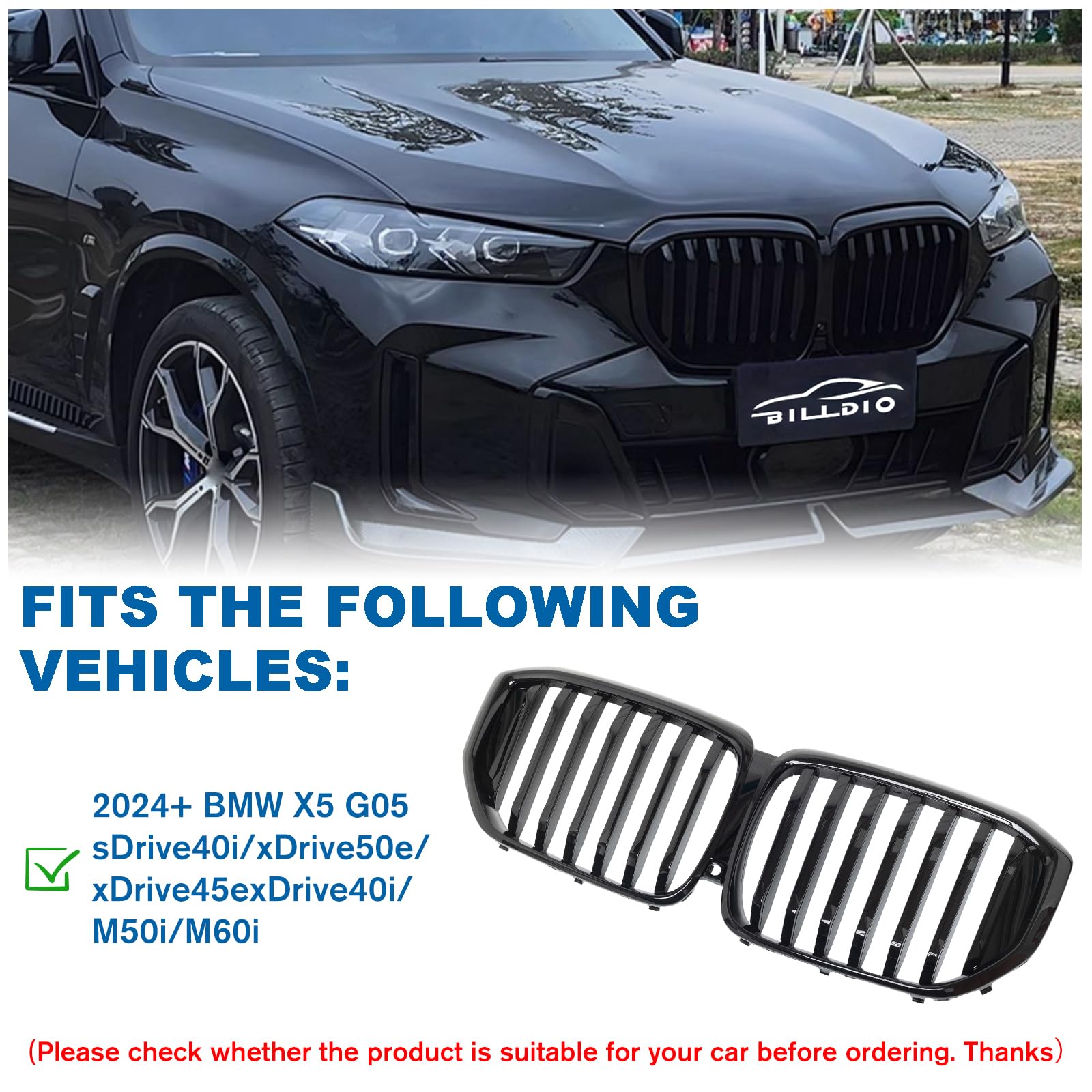 BILLDIO G05 Grill - Gloss Black Kidney Grille for 2024+ BMW X5 G05 - ABS Single Slat Design
