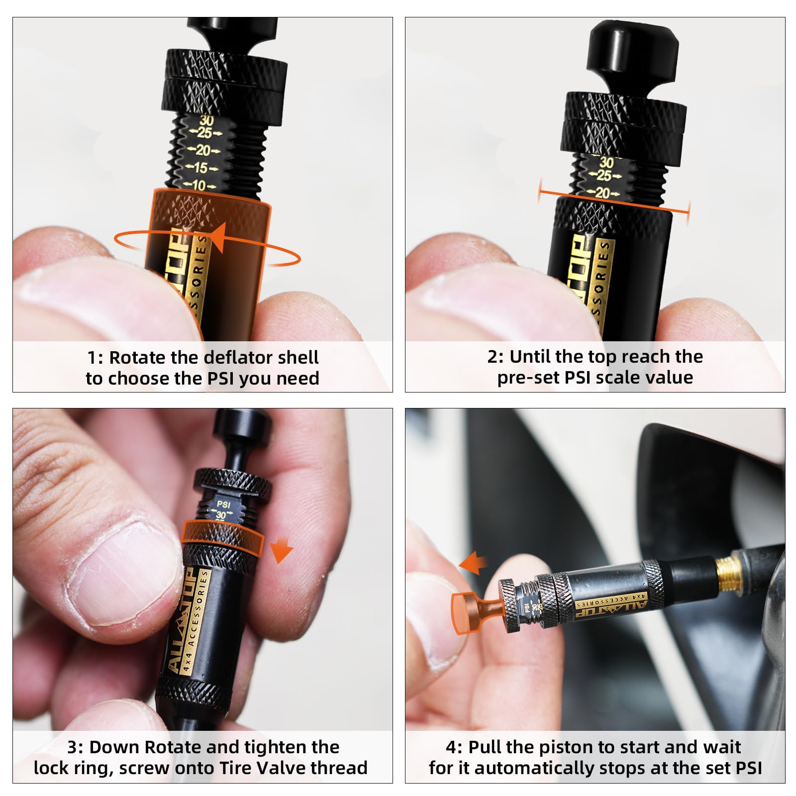 All-Top Adjustable Auto-Stop Tire Deflator Valve Kit (10-30 Psi) 8 Pcs Screw-On Tyre Air Down Tool For Offroad 4X4 (With 5 Valve