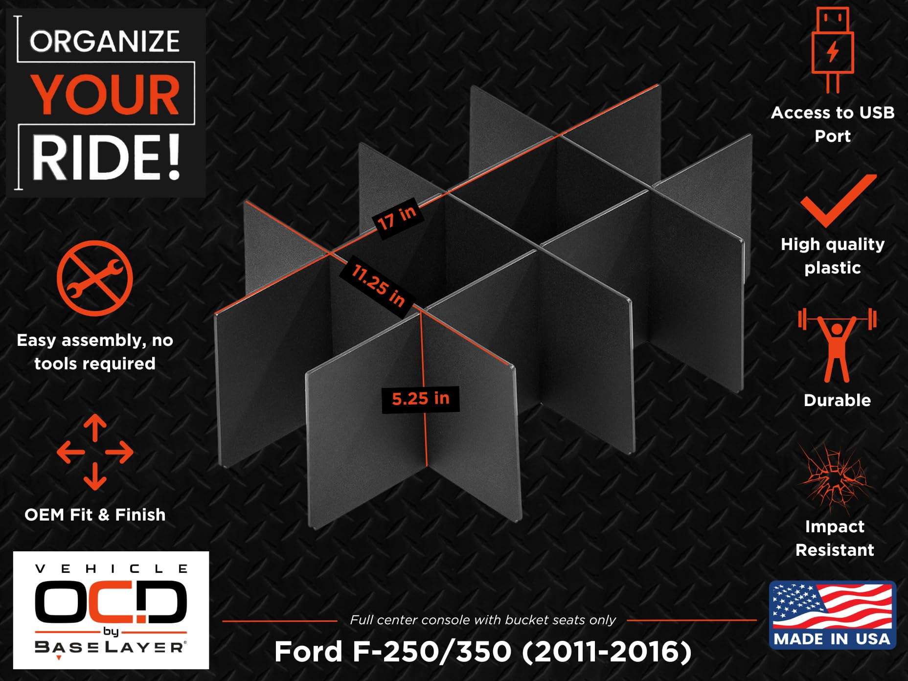 Vehicle Ocd - Center Console Organizer For Ford F250 / F350 Superduty (2011-2016) (Full Console W/Bucket Seats Only) - Made In U
