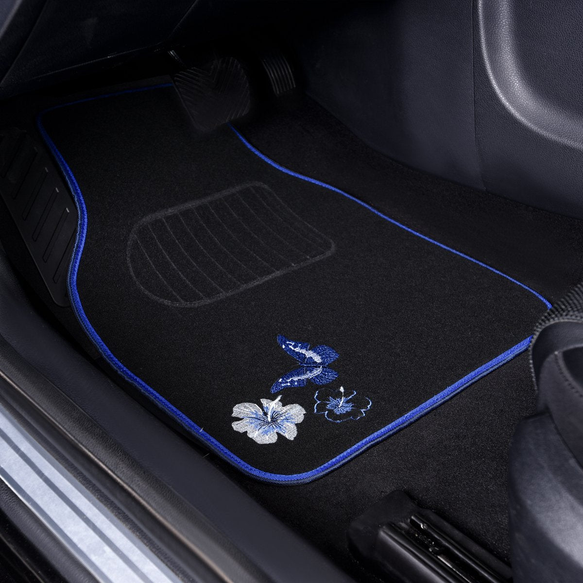 Car Pass Embroidery Butterfly And Flower Car Floor Mats, Blue Car Floor Mats, Universal Fit 95% Automotive,Suvs,Sedan,Vans, For