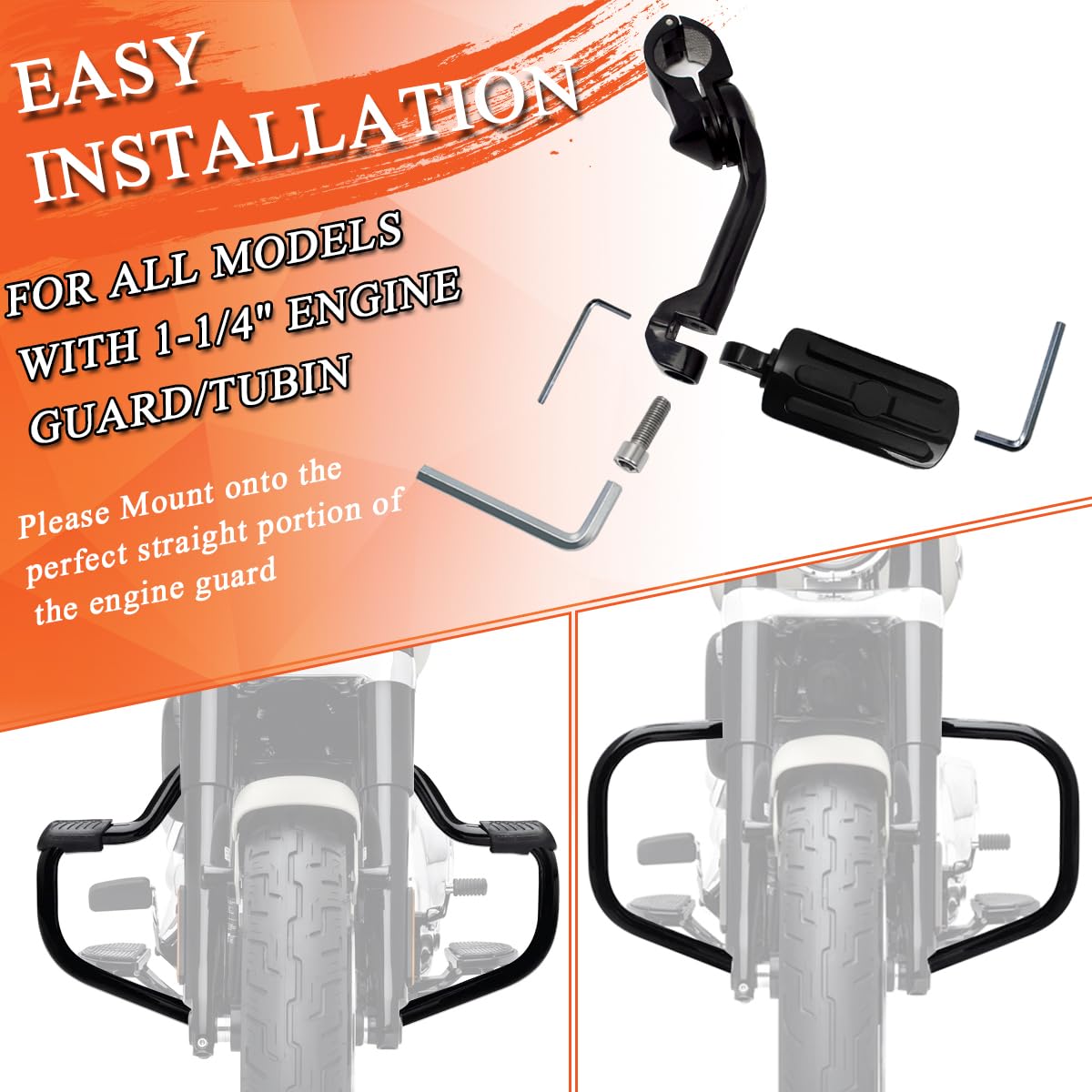 Fovplue 1.25' Highway Footpegs,Long Angled Adjustable Highway Pegs W/Mounts For Harley Touring Street Glide Electra Glide Road King Softail Cvo Dyna Trike Vrsc Sportster W/1-1/4' Engine Guard,Black#1