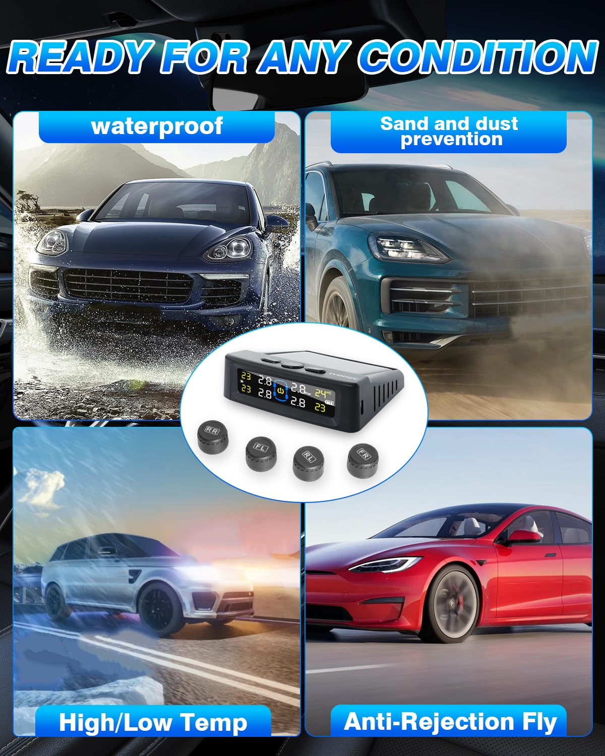 Tire Pressure Monitoring System,RV Tire Pressure Monitor System with Solar Charge or USB, Tire Monitoring System with 4 Sensors