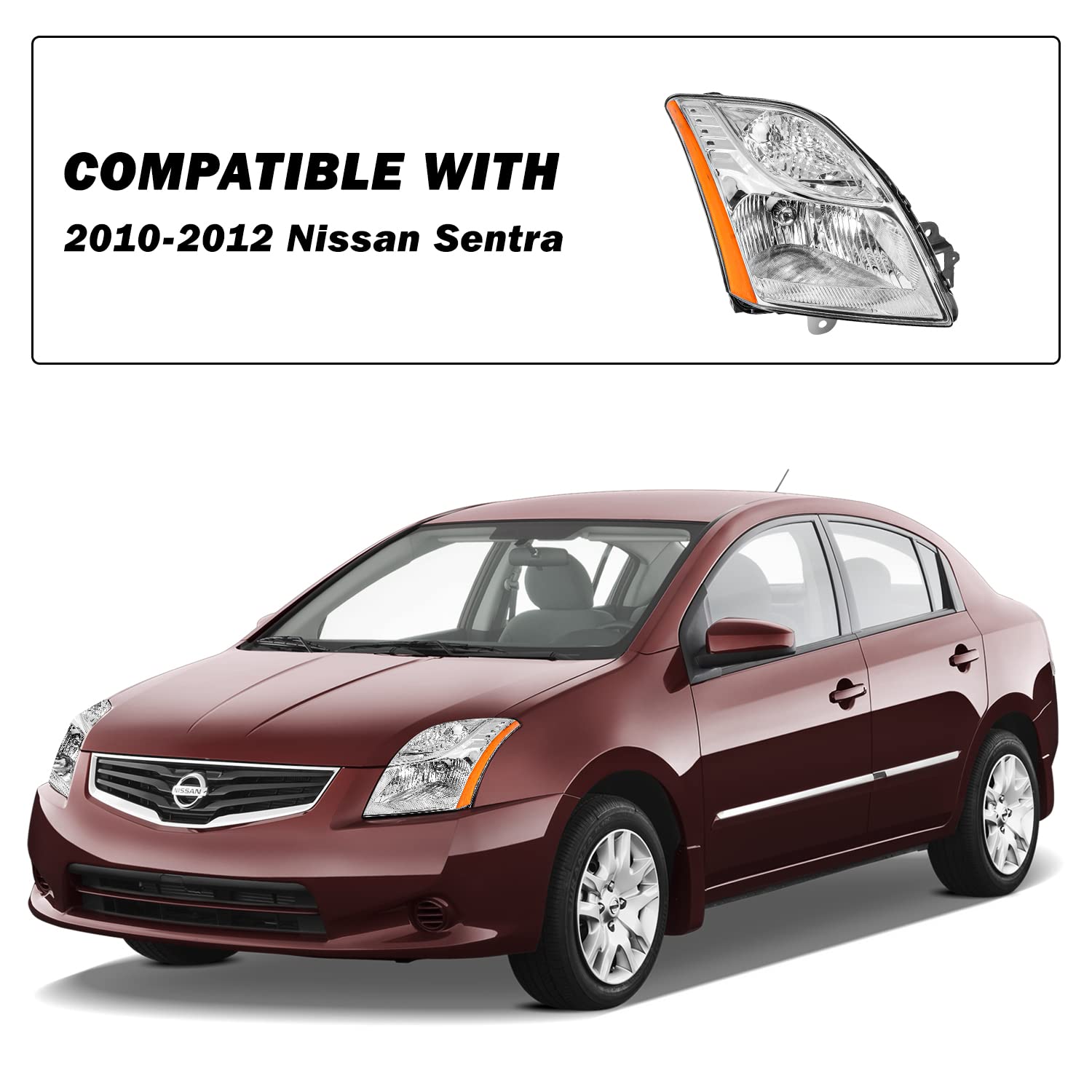 SOCKIR Headlight Assembly Set for 2010-2012 Nissan Sentra, Chrome Housing, Driver & Passenger Side, Without Bulbs