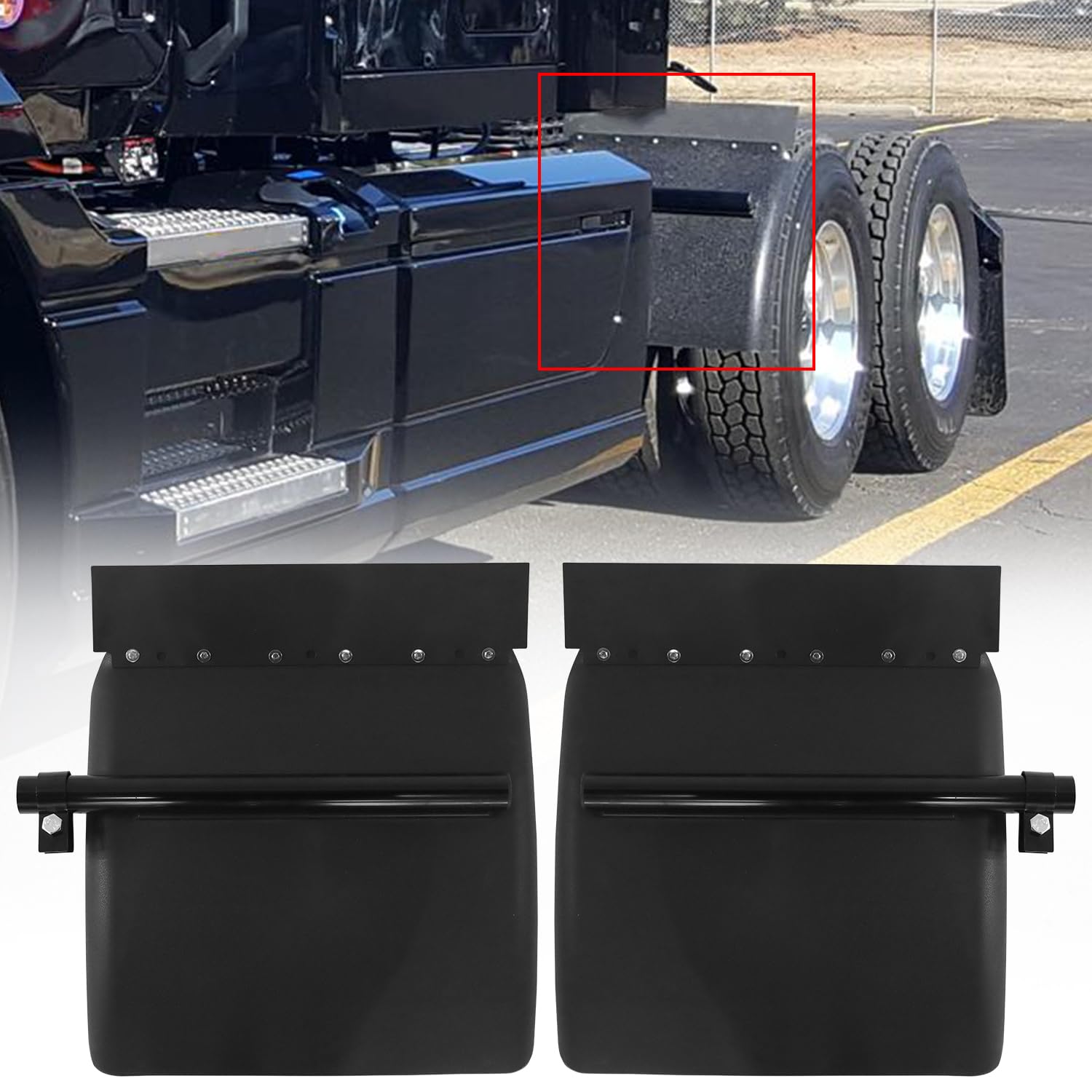 24 x 24 Pair of Black Poly Quarter Fenders Fit for Semi Truck, Heavy Duty Bracket Quarter Fender Fit for Freightliner Kenworth V