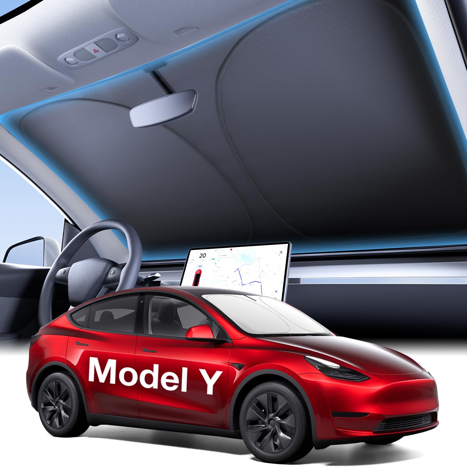 Wigoo 2025 Tesla New Model Y Accessories Windshield Sunshade [Oem Design, 100% Sun Blockage] Foldable Heat Insulation Sunshade W