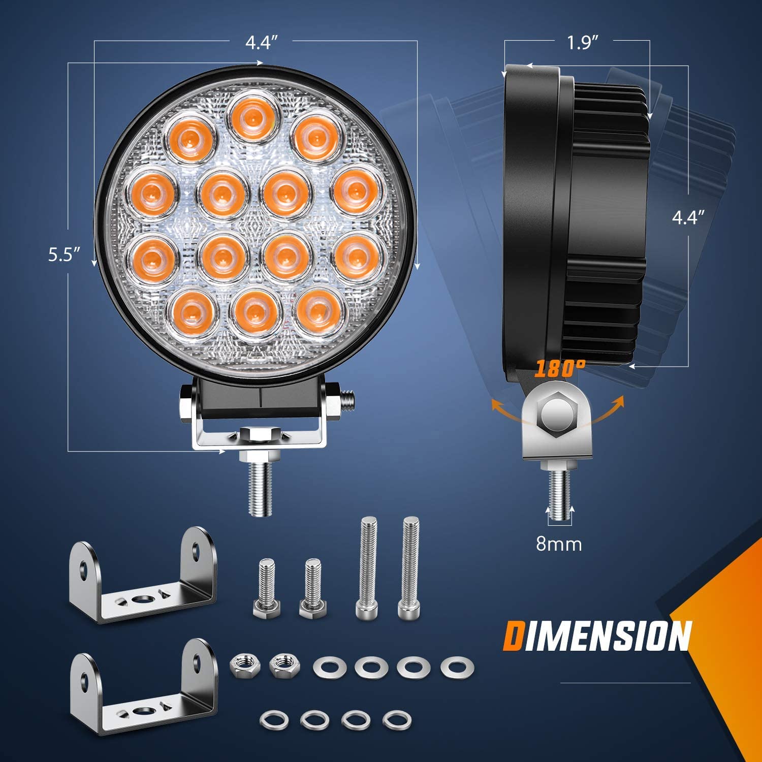 Nilight 4.5Inch 42W 4200Lm Amber Led Light Pods Round Flood Lights For Off Road, Roof & Fog - 16Awg Wiring Harness Kit-2 Leads