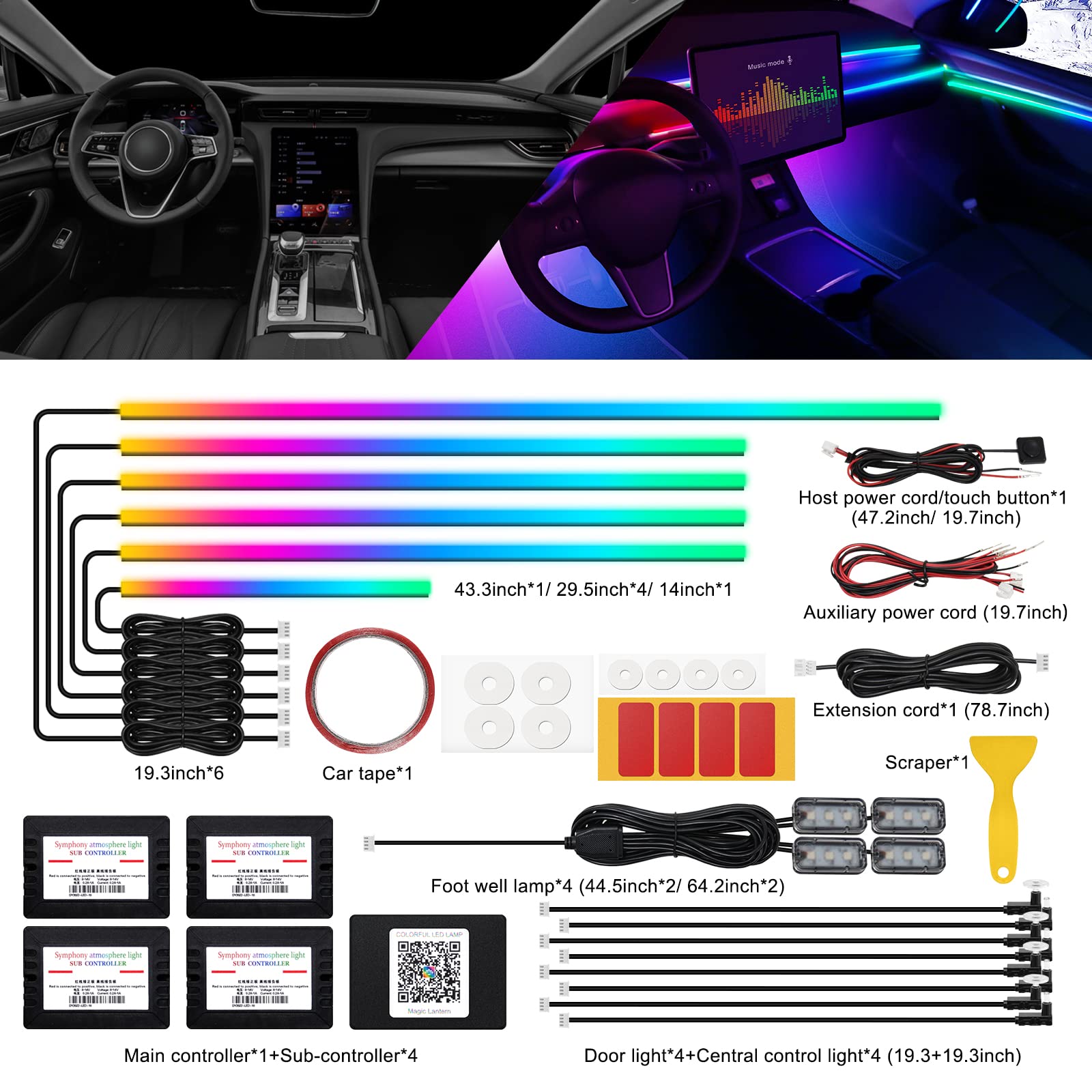 MAODANER Dreamcolor Acrylic Car LED Strip Light, RGB 18 in 1, 175" with 593 LEDs, Sound Active Function, Ambient Lighting Kits