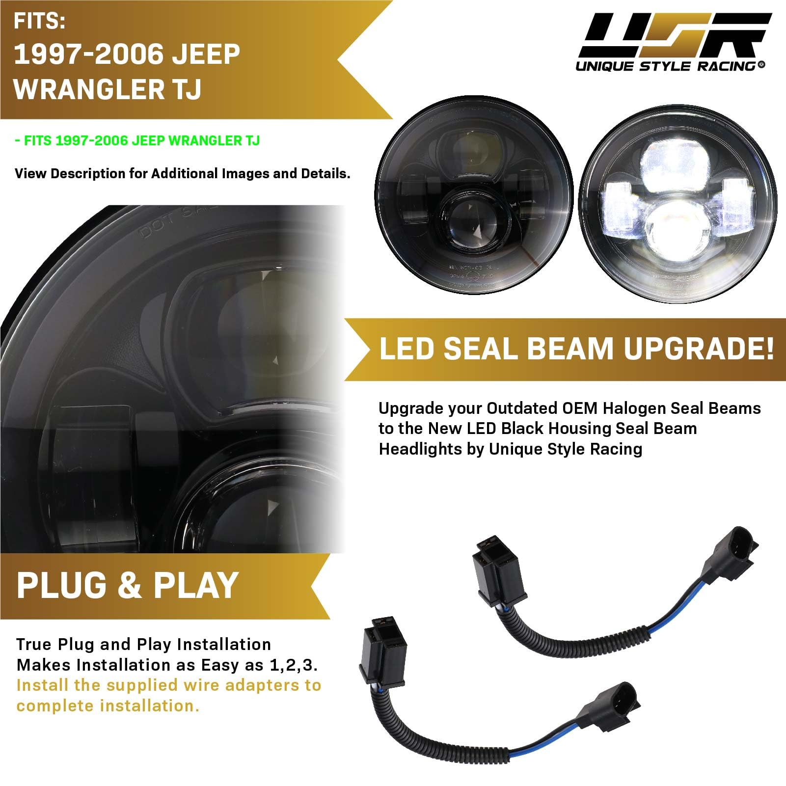 Usr 97-06 Wrangler Tj 7    Inch Round H6024 Led Projector Headlight Black Housing 6024 High/Low Beam Sealed Beam Headlamp H6014