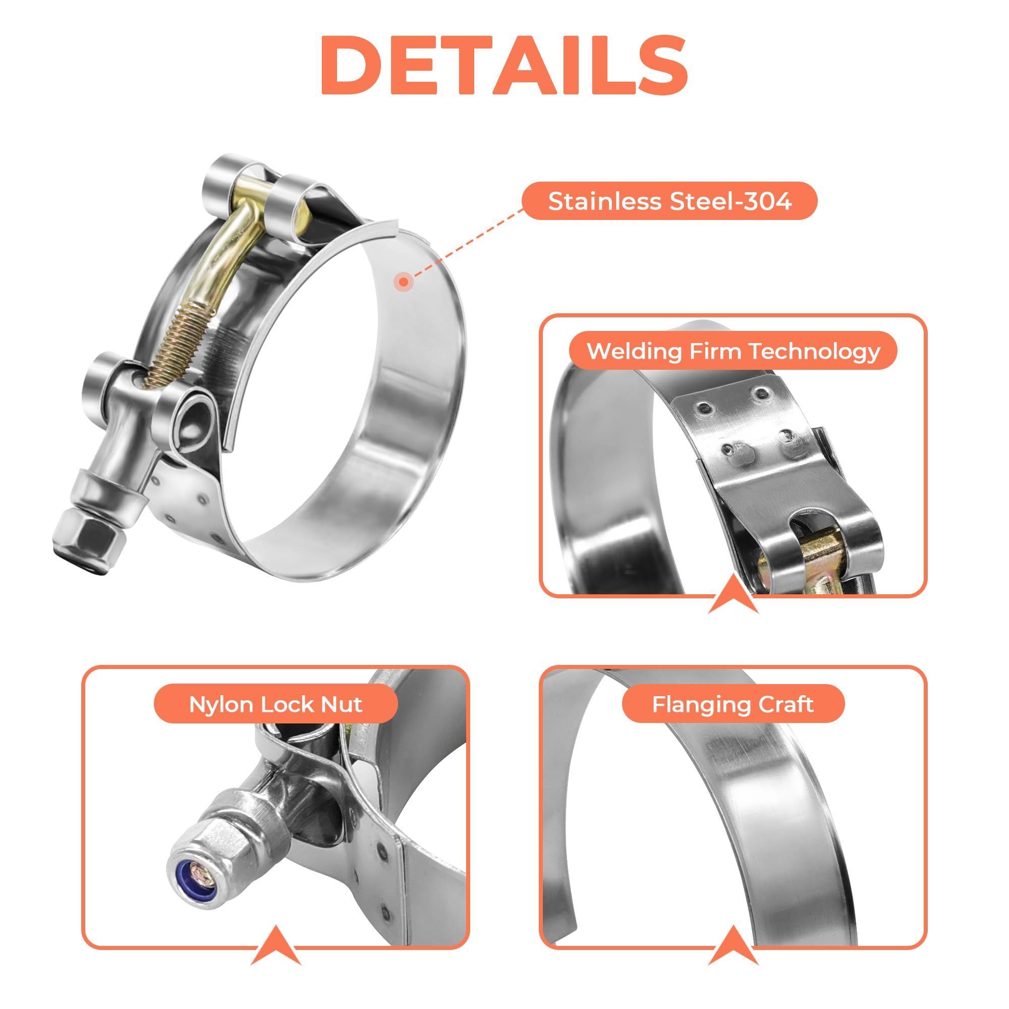 Wysiwyka 2 Pack 2.25 T-Bolt Hose Clamps, 304 Stainless Steel Turbo Intake Clamp, Working Range 63Mm-71Mm For 2.25 Hose Id