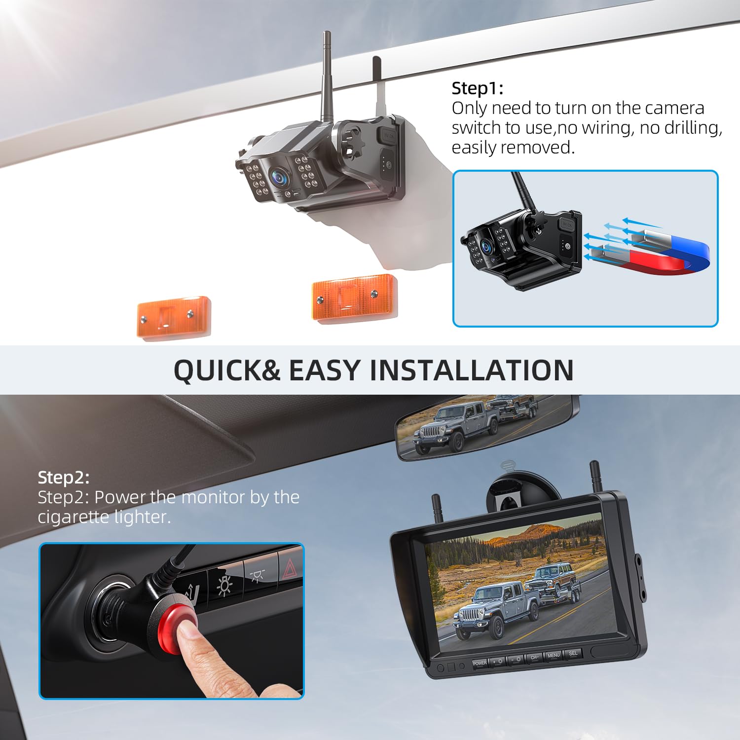 eRapta 2 Magnetic Wireless Backup Camera System with 7” IPS Monitor, 1080P, ACT702, Dark Black, 9600mAh Rechargeable, Easy DIY Installation
