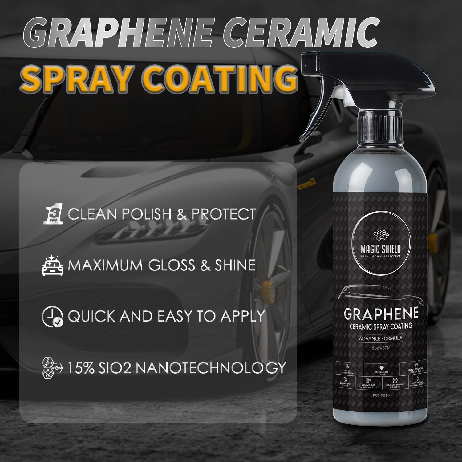 Magic Shield Graphene Ceramic Spray Coating - Professional Sealant for Cars, 9oz - Quick & Easy, Maximum Gloss & Shine