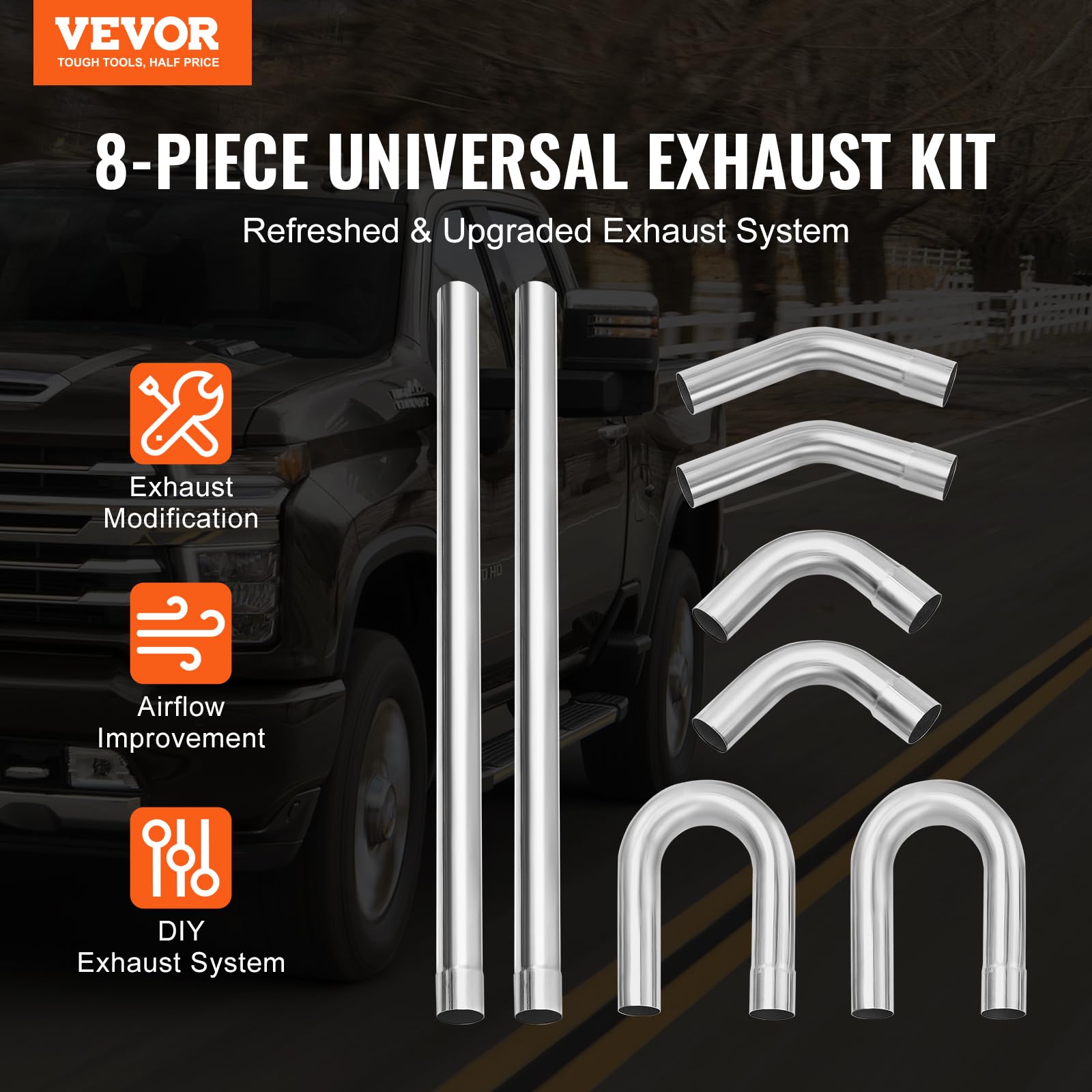 VEVOR 2.5'' Exhaust Kit - 8 Pieces, Galvanized Steel, Slip-Fit Joint, Rust-Proof, Model LT80250GA for Garage/Auto Repair