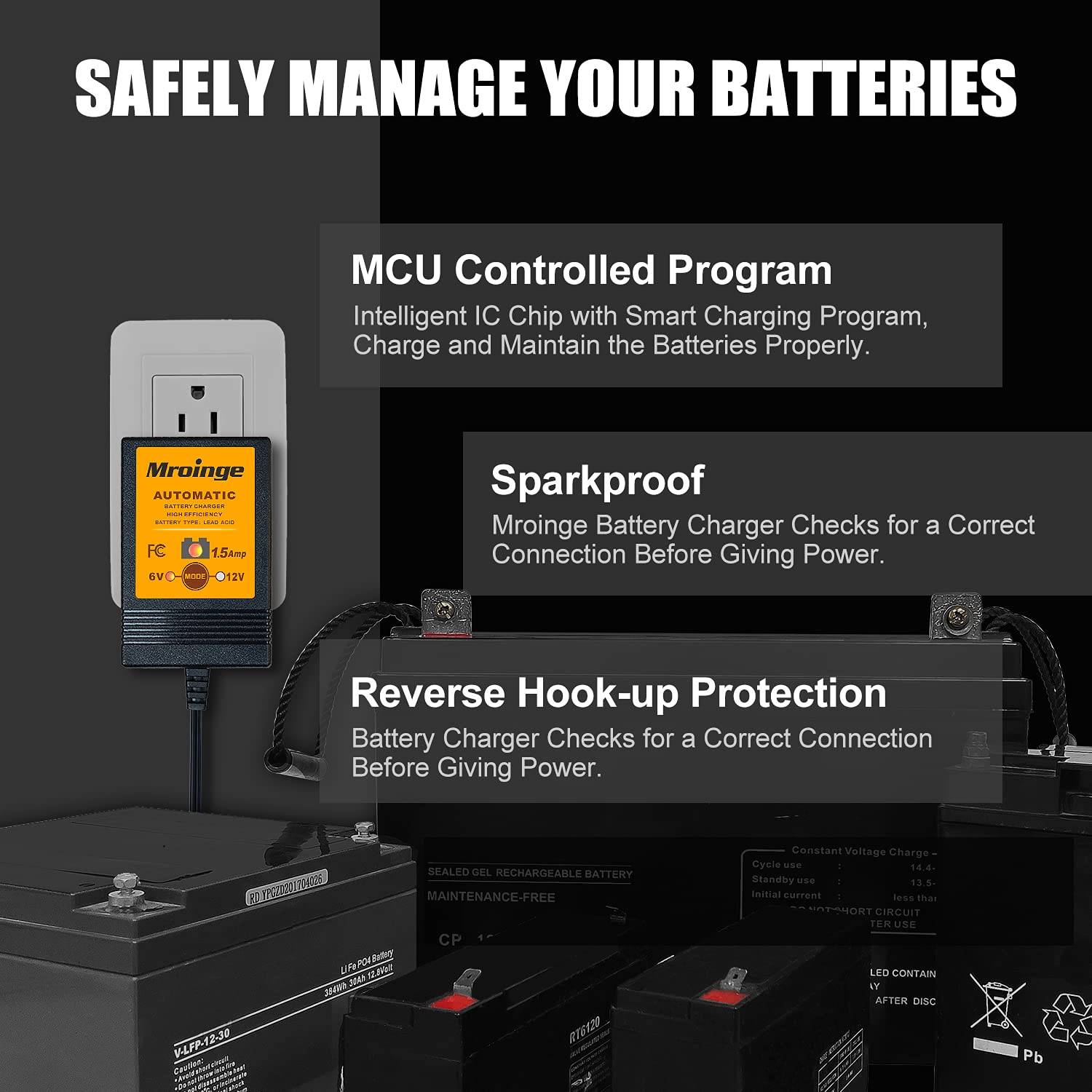 Mroinge Mbc015, 6V / 12V 1.5A Fully Automatic Trickle Battery Charger/Maintainer For Automotive Vehicle Motorcycle Lawn Mower Atv Rv Powersport Boat, Sealed Deep-Cycle Agm Gel Cell Lead Acid Batteries