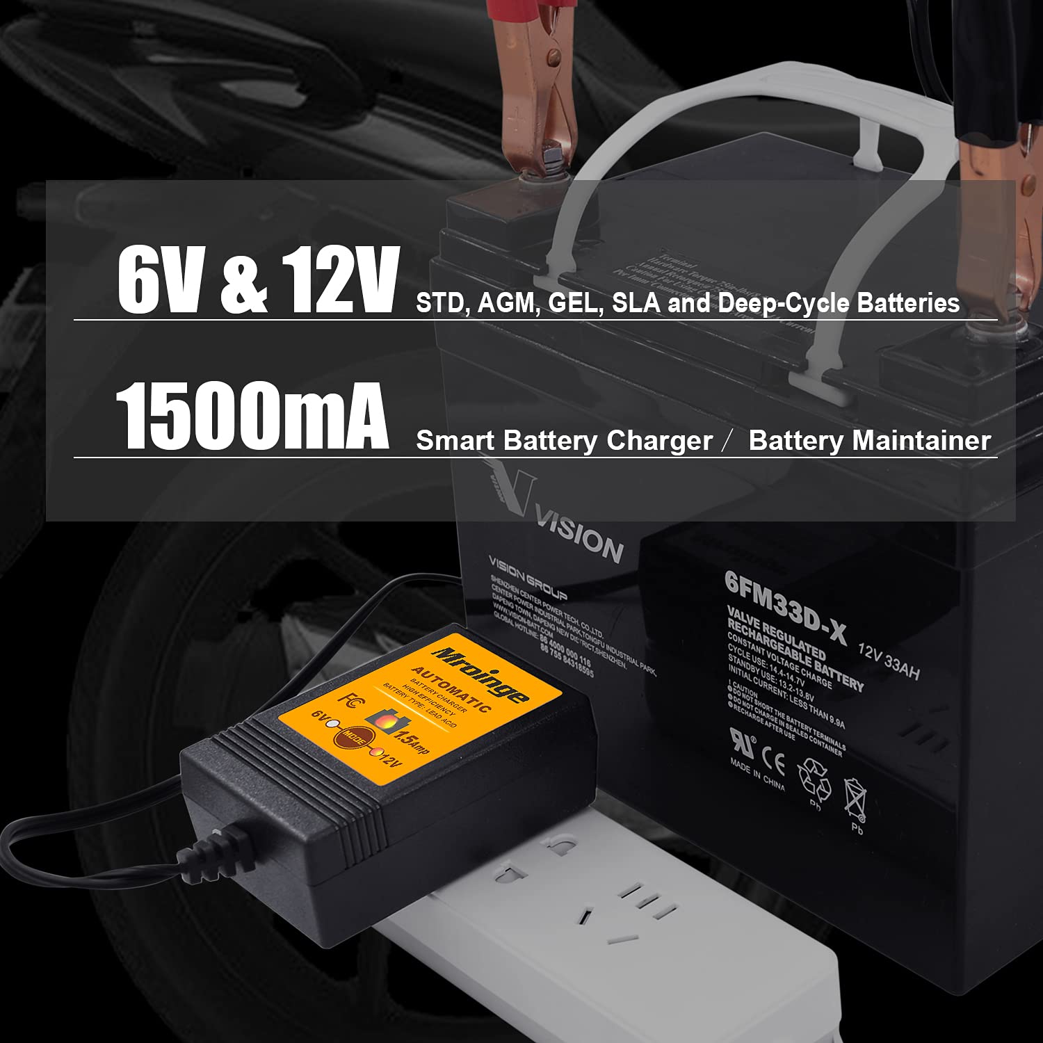 Mroinge Mbc015, 6V / 12V 1.5A Fully Automatic Trickle Battery Charger/Maintainer For Automotive Vehicle Motorcycle Lawn Mower Atv Rv Powersport Boat, Sealed Deep-Cycle Agm Gel Cell Lead Acid Batteries
