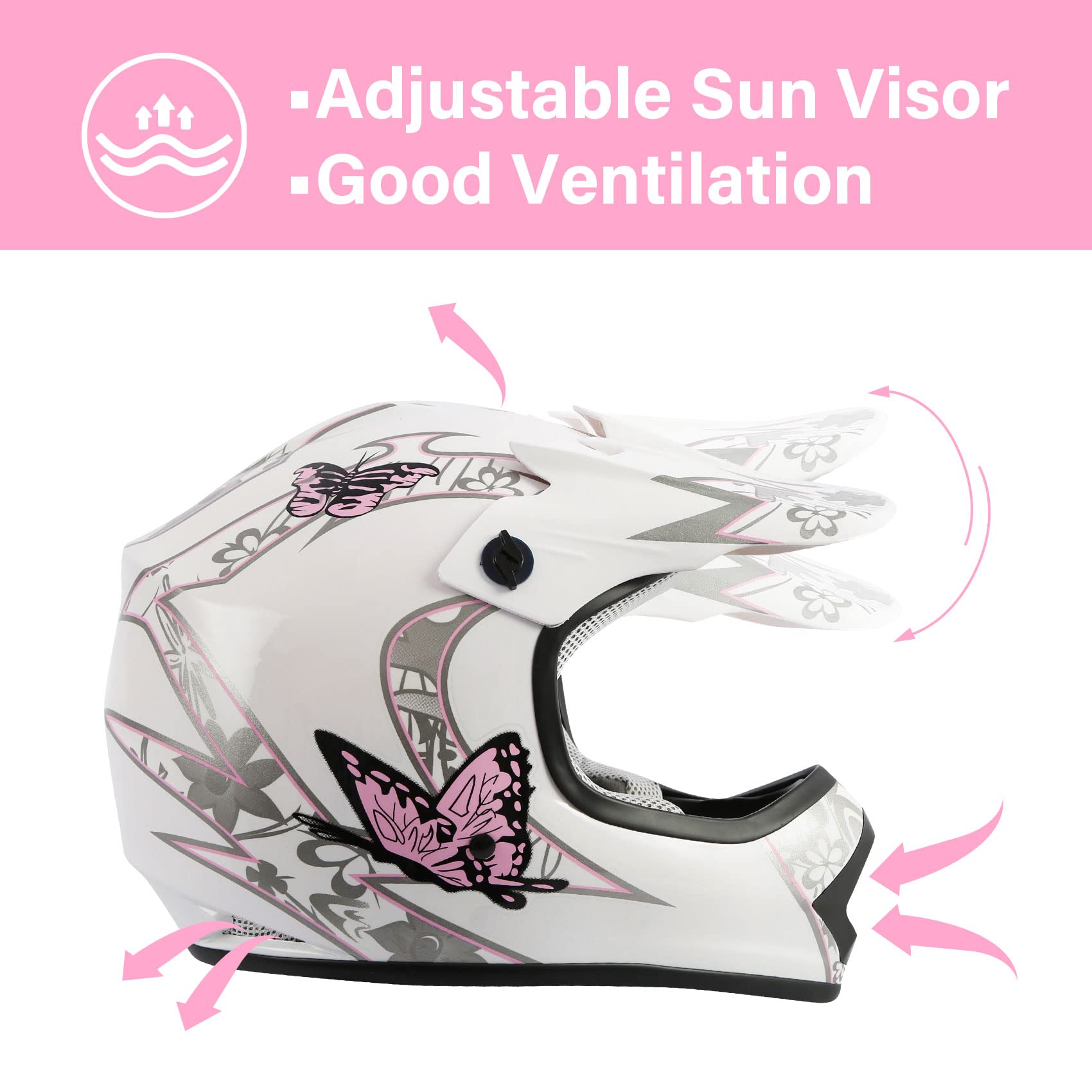 TCMT Youth Motocross Helmet - Pink Butterfly, Large Size, ABS Material, Includes Goggles & Gloves