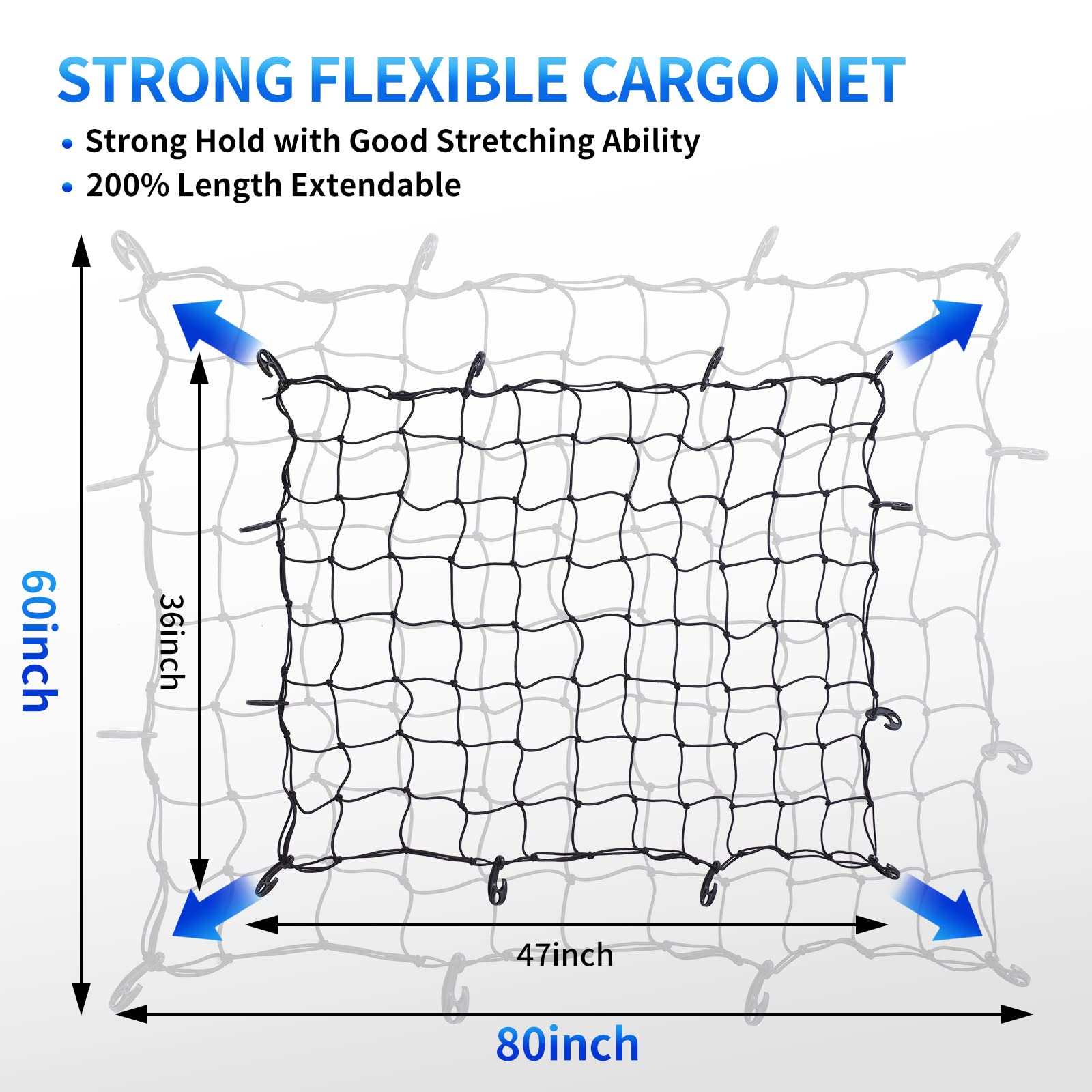 Tkkeuep 47''X 36'' Cargo Net Bungee Nets Stretches To 80''X 60'',Small Truck Bed Cargo Net For Cars Suvs, For Frontier, Toyota T