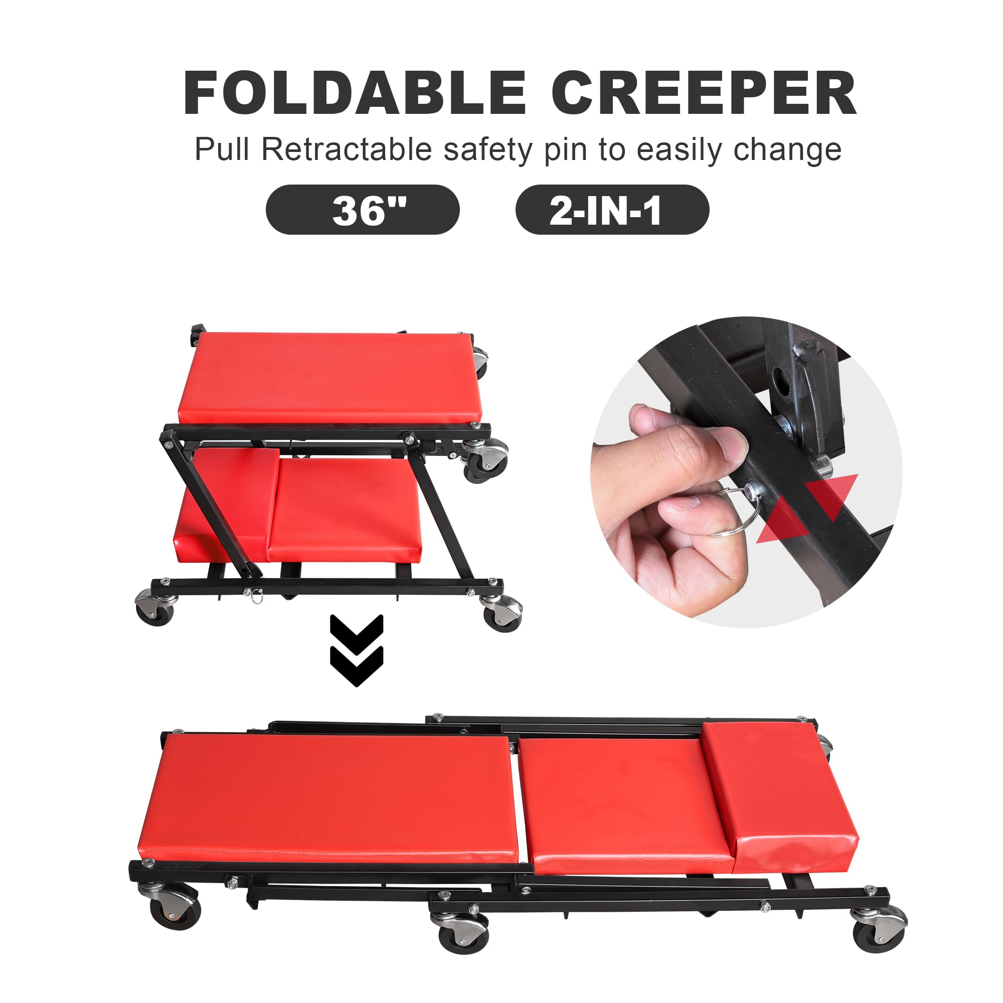 Big Red Z-Creeper Seat,36'' Foldable Creeper,2-In-1 Garage Shop Creeper For Auto Repair,36'' Red,300 Lbs Capacity,With 6 Pcs Whe