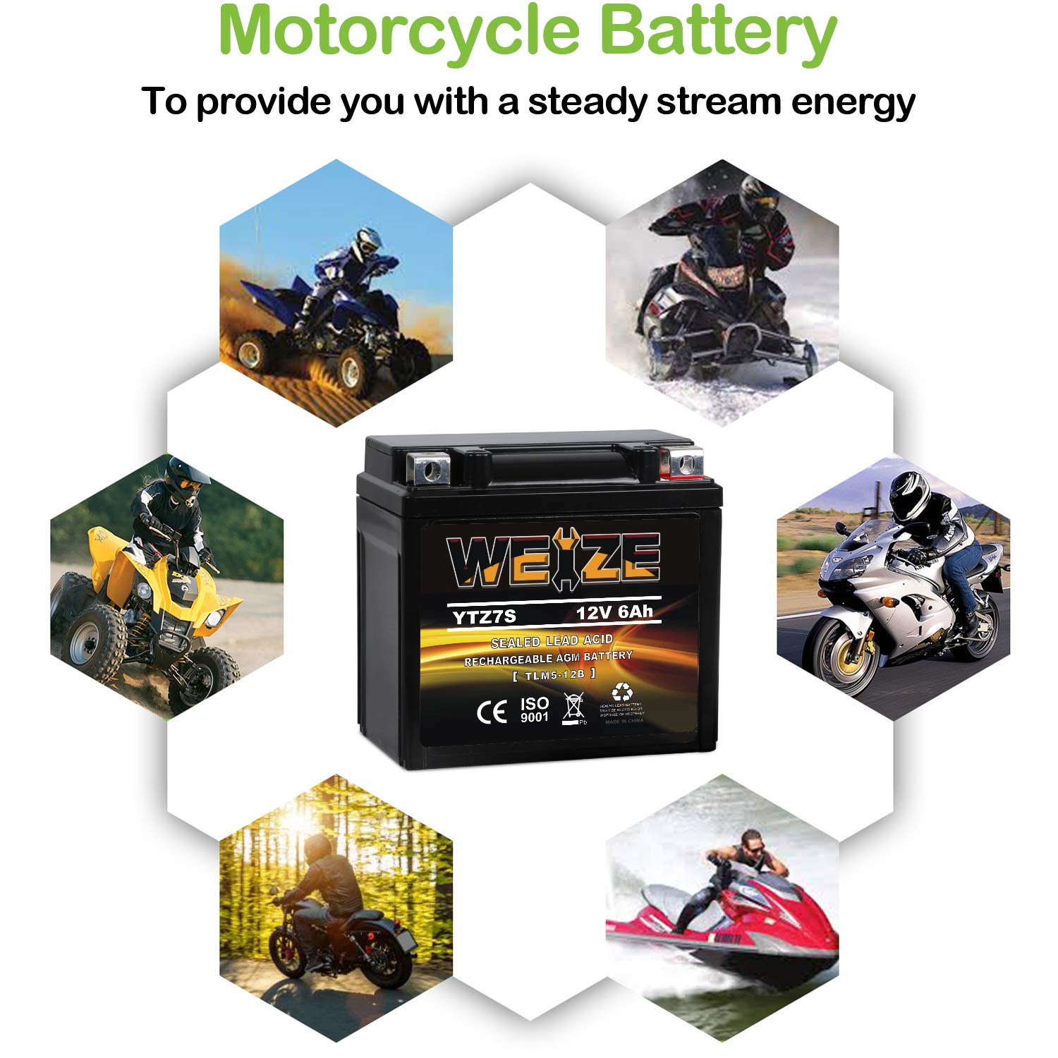 WEIZE YTZ7S-BS AGM Battery Replacement for Honda TRX450ER/TRX450R - 4.49x2.80x4.17 inches
