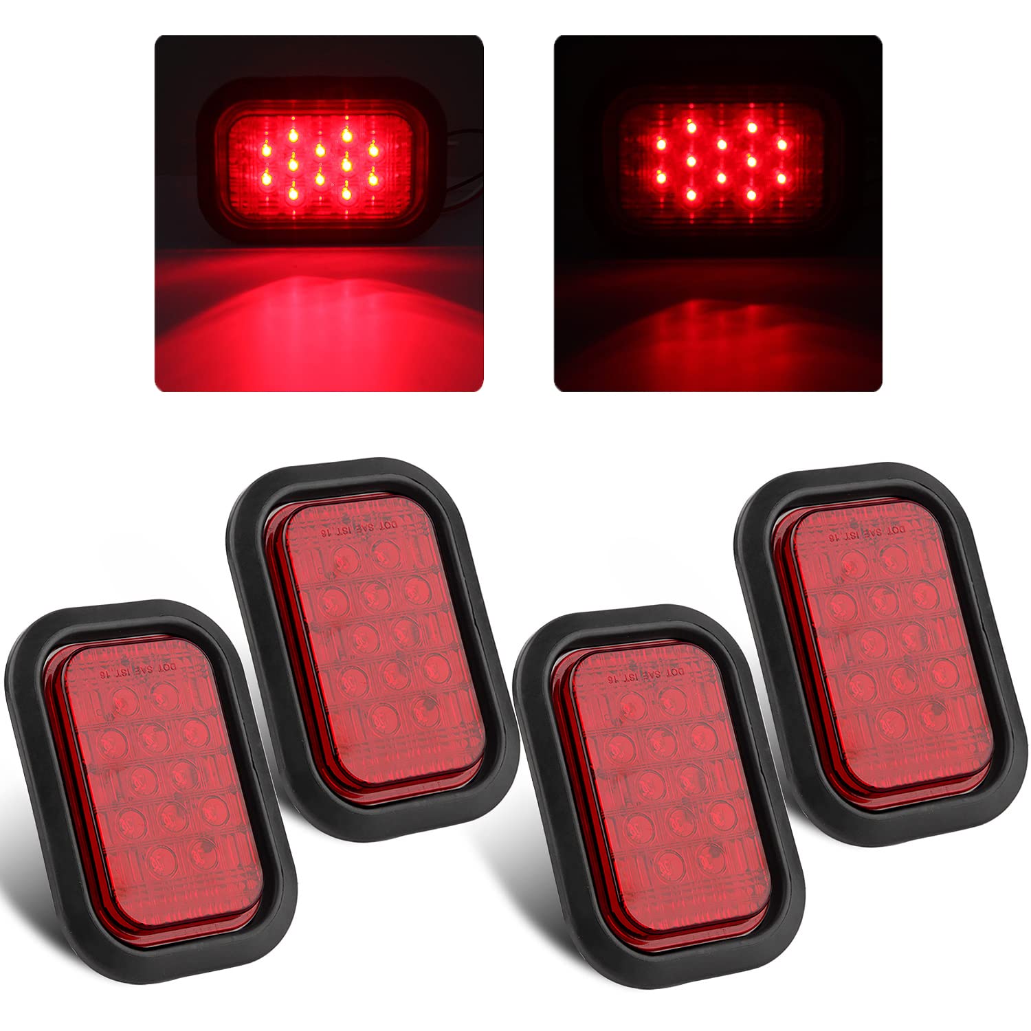 5 x 3 Red 12 LED Trailer Tail Lights - 4Pcs 5x3 Rectangle Led Truck Stop Brake Turn Tail Lights Sealed RV Semi Truck Flatbed Tai