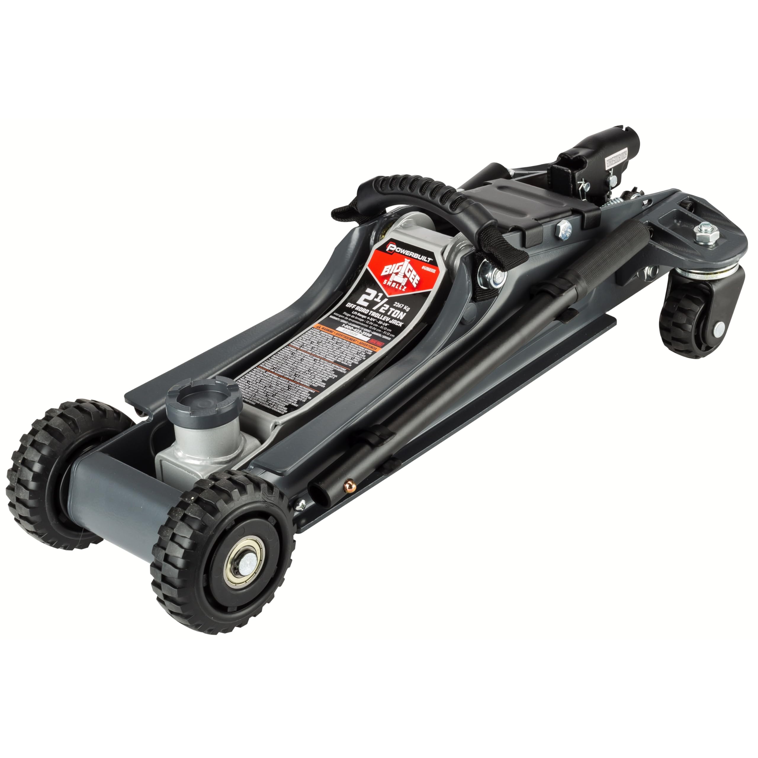 Powerbuilt Biggie Smalls 2.5-Ton Off-Road Trolley Jack with 4 Oversized Wheels, Saddle Extension, Integrated Handle Storage, Por