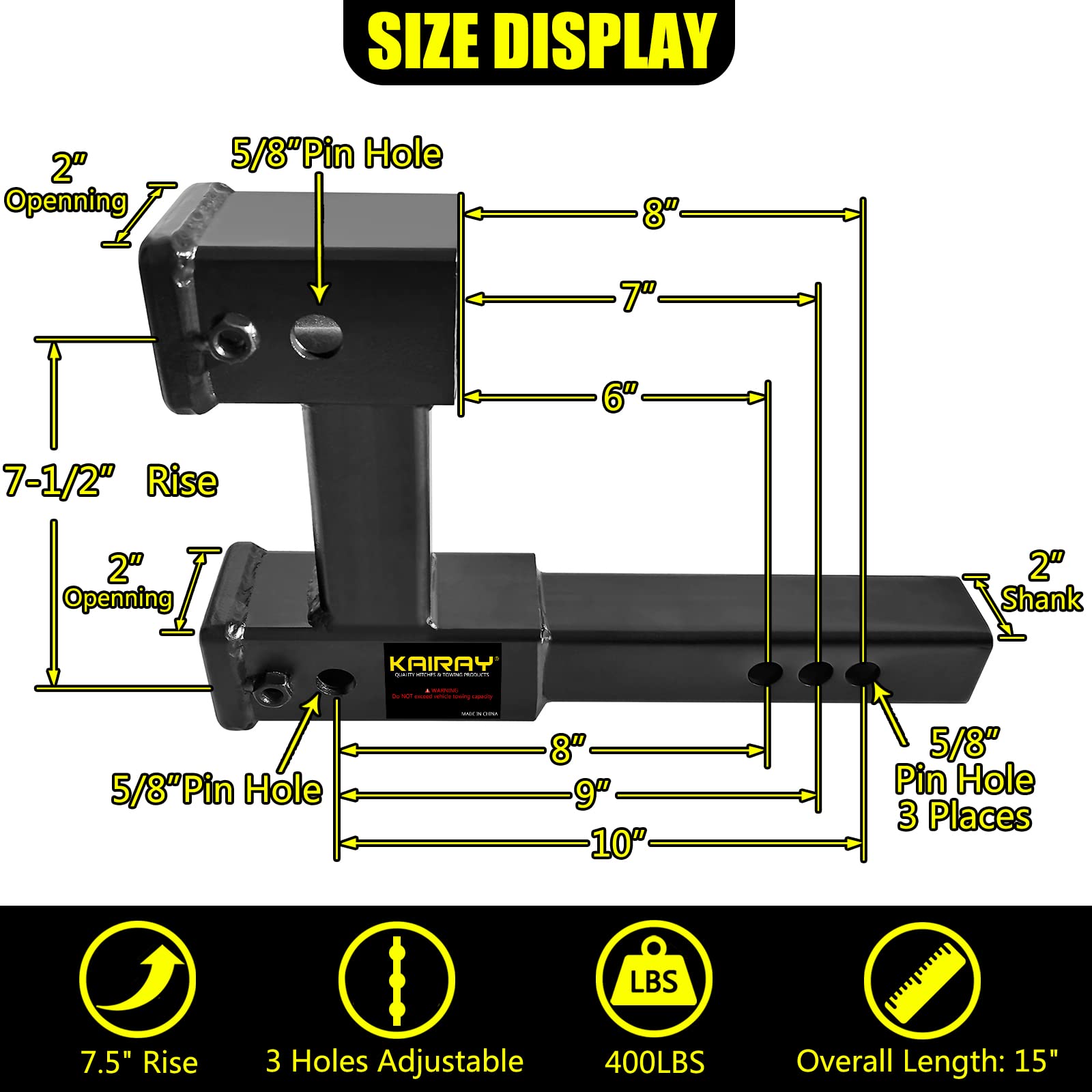 KAIRAY Double Hitch Receiver Adapter - 2" Riser Extension, 10" Max Length, Black, Model HY008