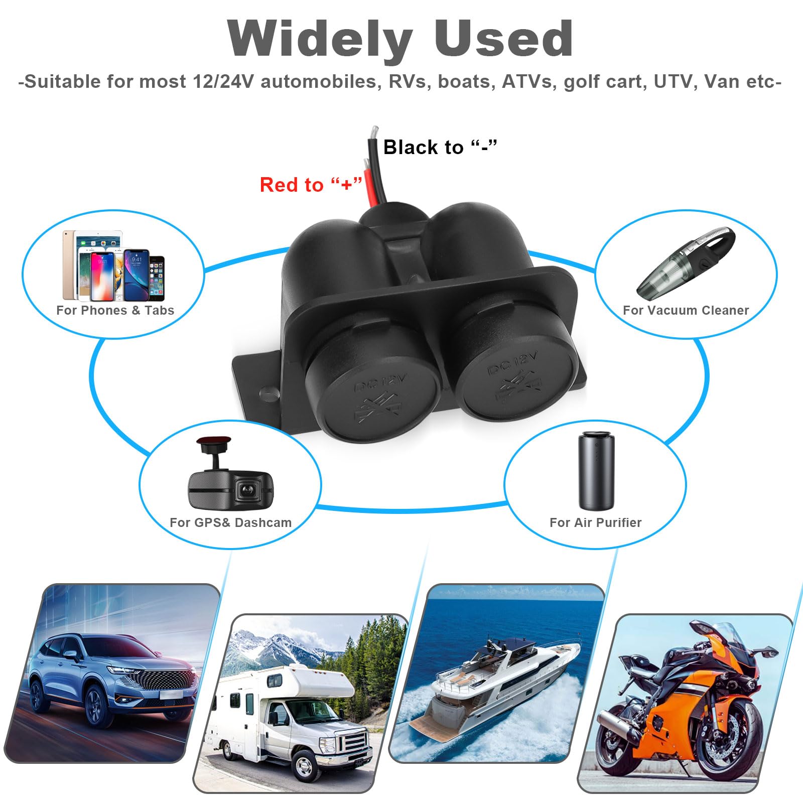 1Pcs Cigarette Lighter Socket With Blade Fuse, 2-Socket Cigarette Lighter Splitter 12V Lighter Power Outlet Replacement Waterpro