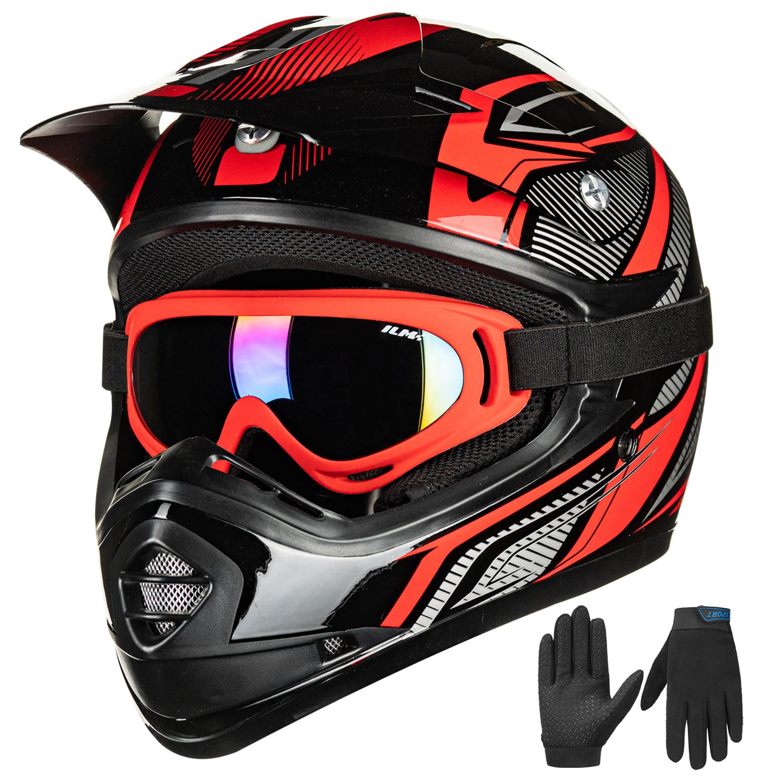 Ilm Youth Kids Atv Motocross Helmet Goggles Sports Gloves Dirt Bike Motorcycle Off Road Dot Approved B07 (Youth-M, Red/Silver)