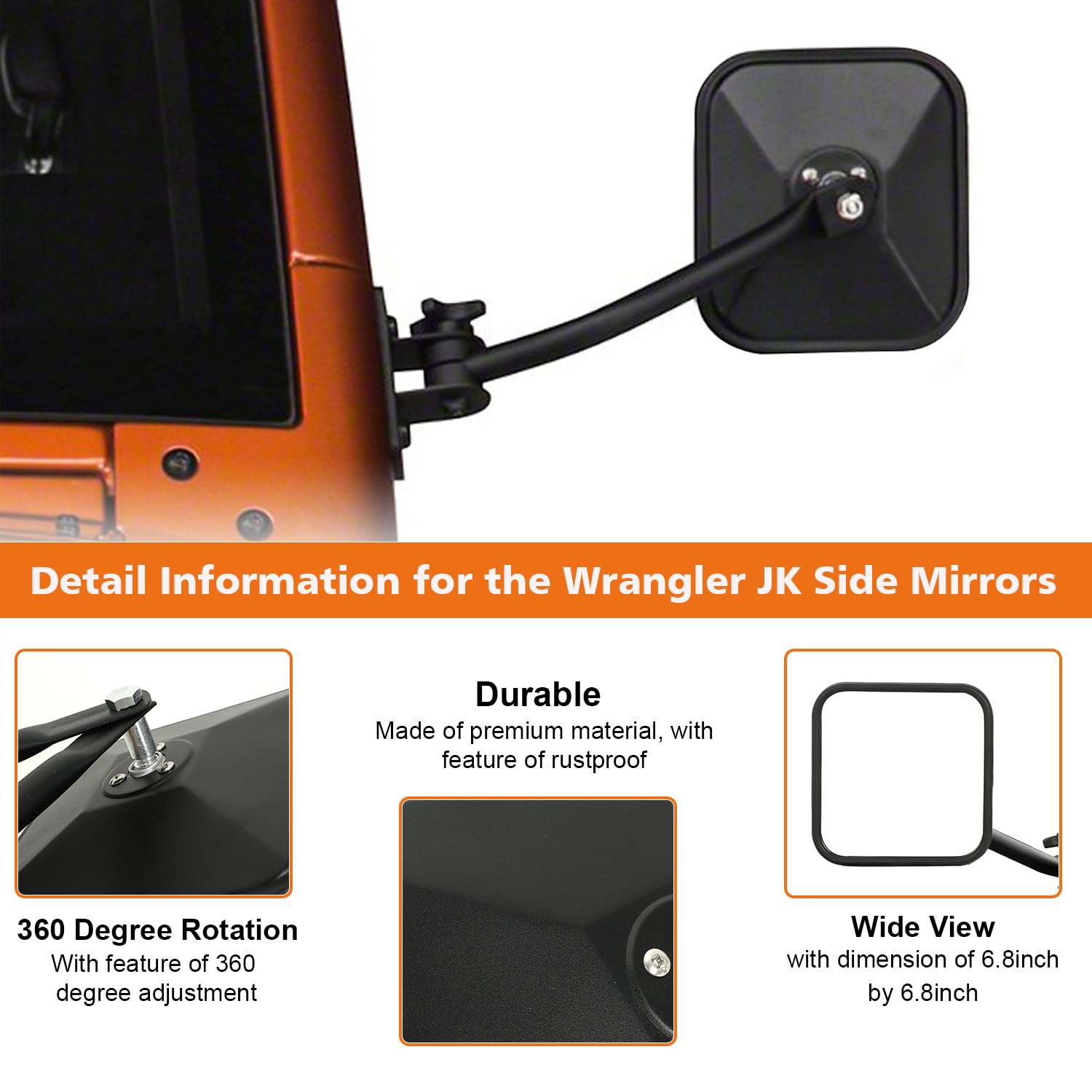 SUNPIE Mirrors Doors off JK - Doorless Side Mirror Compatible with Jeep Wrangler JK/JKU 2007-2017, Wrangler Side Mirrors for JK