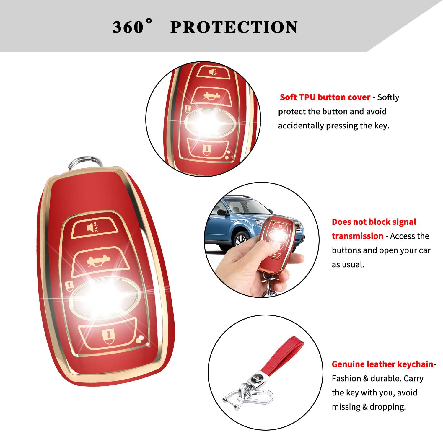 QBUC Leather Key Fob Cover Case for Subaru Forester, CrossTrek, Outback - Small, Red