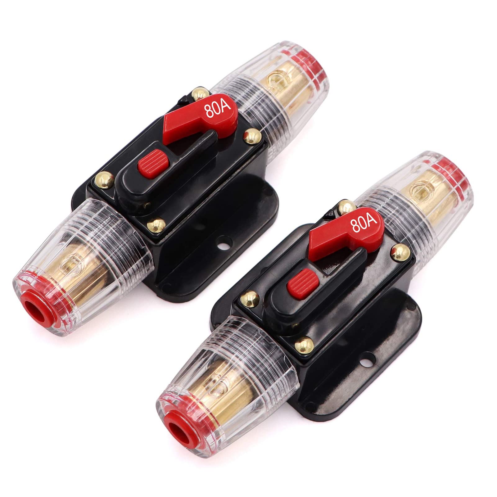 2 Piece 80A Audio Inline Circuit Breaker 12V with Manual Reset,80 amp Inline Fuse 0-8 Gauge for Car Audio, Stereo Switch and Sol