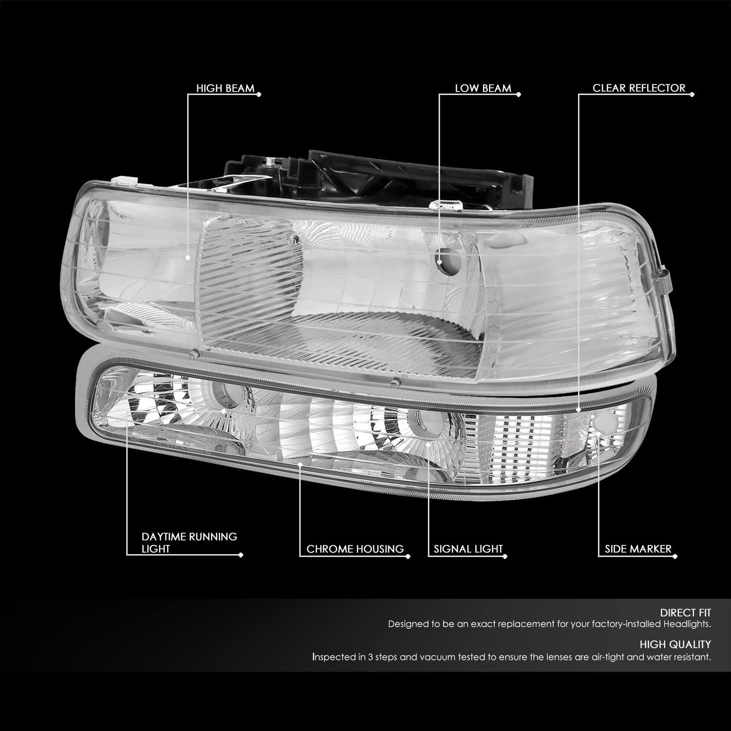 Dna Motoring Hl-Oh-Cs99-4P-Ch-Cl1 Chrome Housing Headlights Compatible With 99-02 Silverado 00-06 Suburban/Tahoe Bottom Bumper L