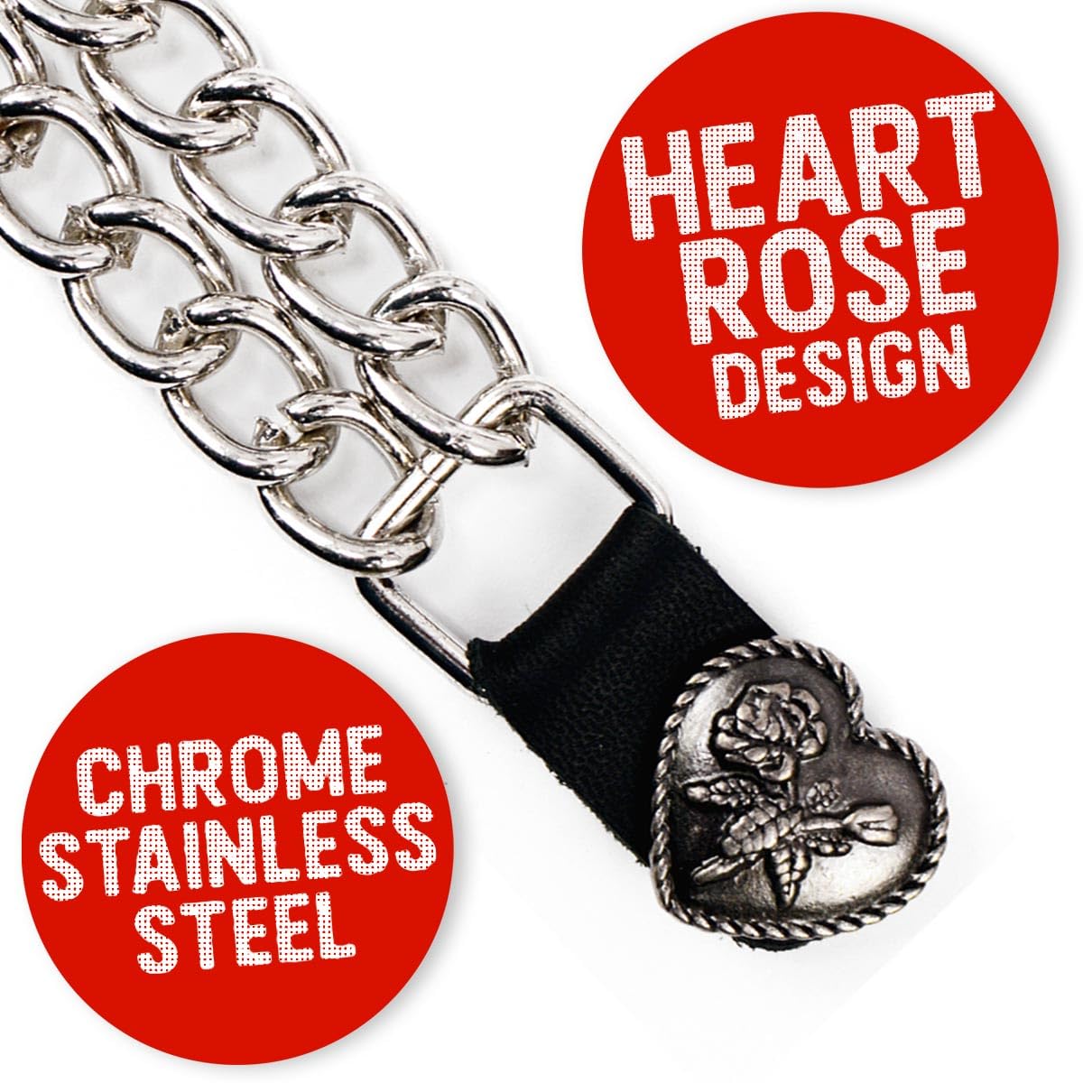Milwaukee Leather Heart Rose Medallion Vest Extender - Double Chrome Chains Genuine Leather 6.5'' Extension 4-PCS MLA6013SET - 4