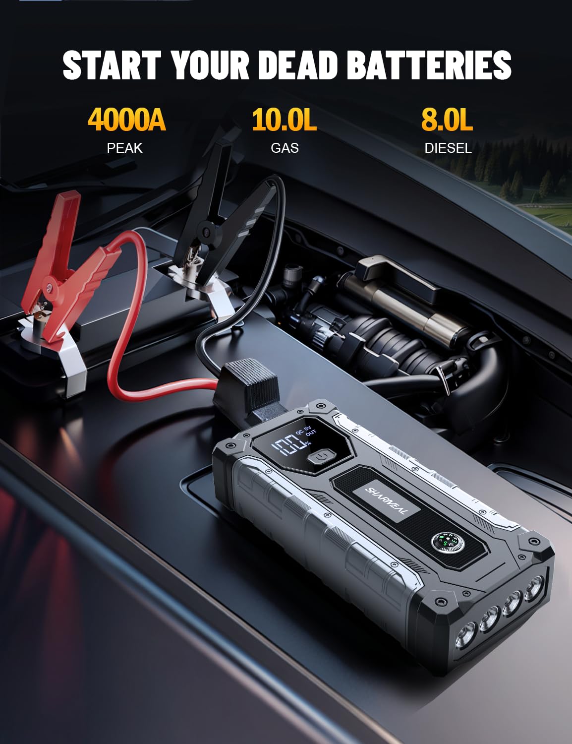 Sharmeal Car Jump Starter 4000A, Jump Starter Battery Pack For 10.0L Gas And 8.0L Diesel, 12V Portable Jump Box With Led Light