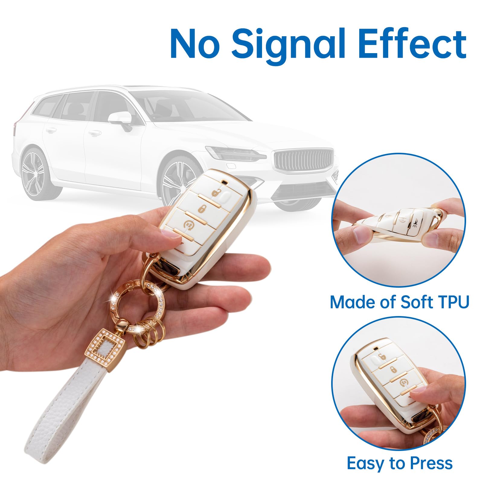 CACARLIKE Car Key Fob Cover with Leather Lanyard, Compatible with 2019-2023 Dodge RAM 1500-5500, White+Gold, 4 Button Protector